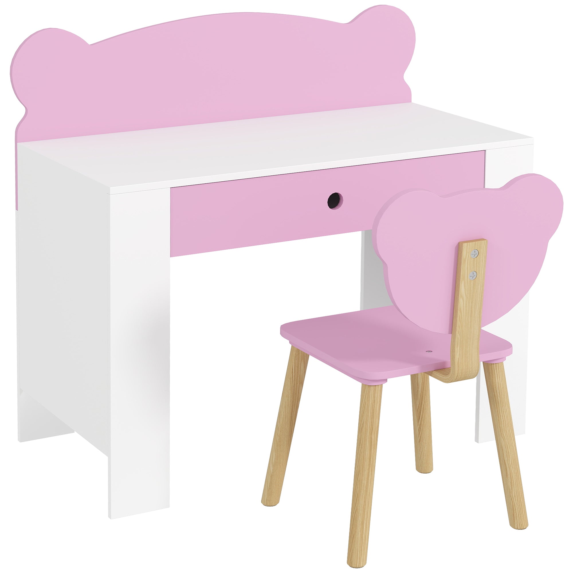 Children's Desk Set with Chair, Study Table with Drawer, Bear-Shaped Backrest, Ages 3-8 Years, Pink