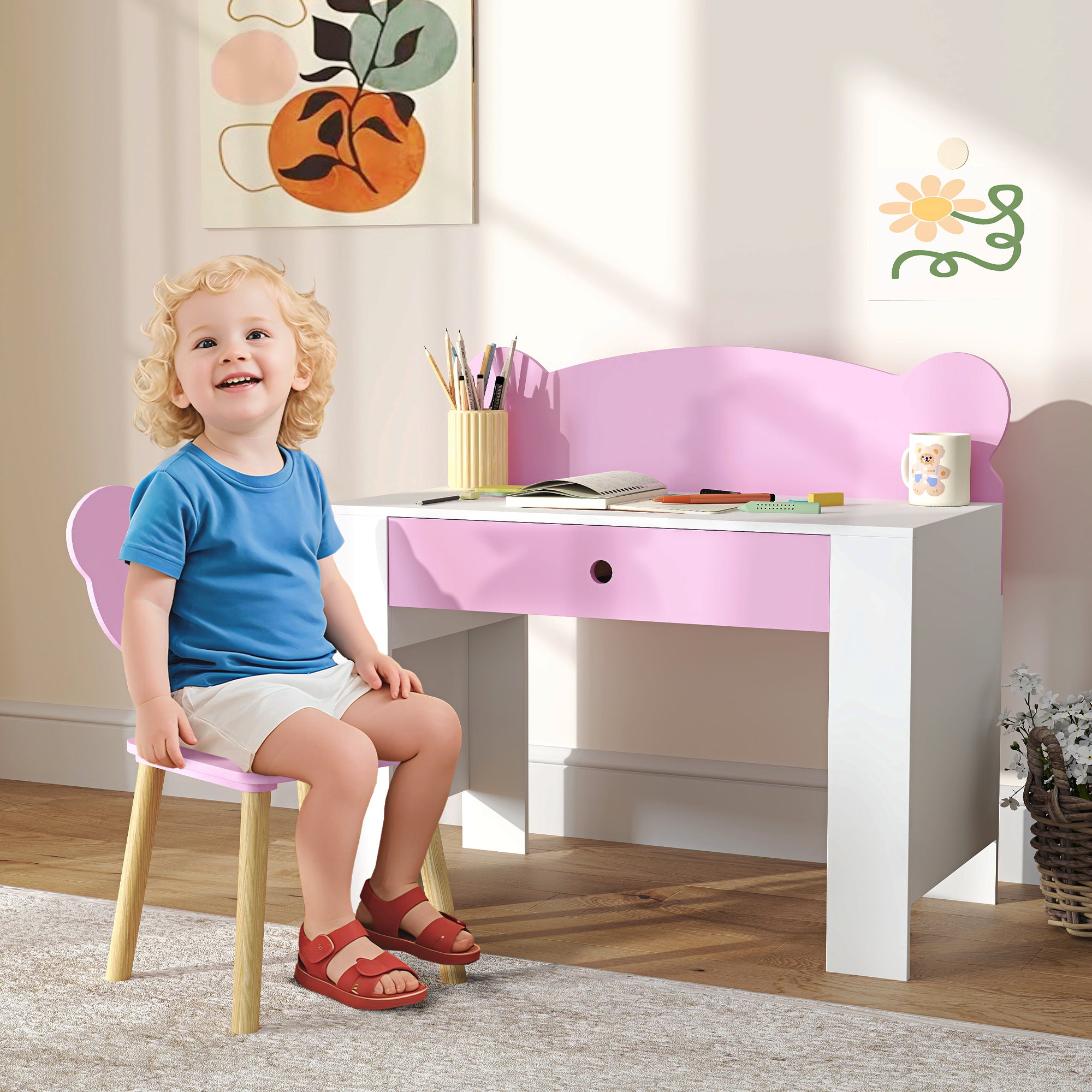 Children's Desk Set with Chair, Study Table with Drawer, Bear-Shaped Backrest, Ages 3-8 Years, Pink