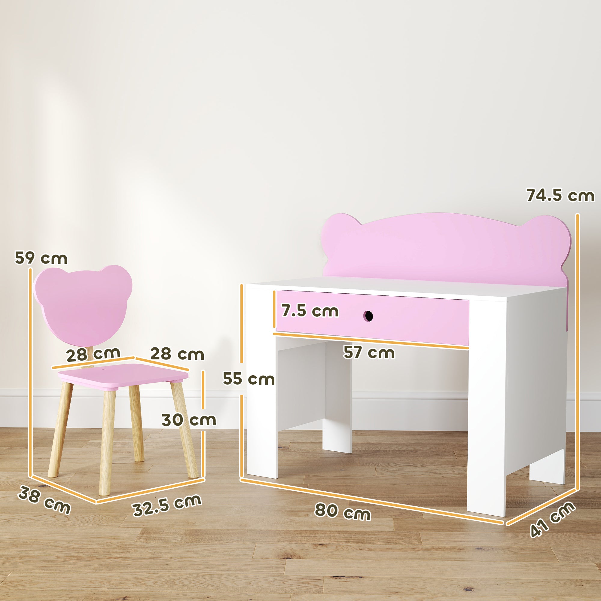 Children's Desk Set with Chair, Study Table with Drawer, Bear-Shaped Backrest, Ages 3-8 Years, Pink