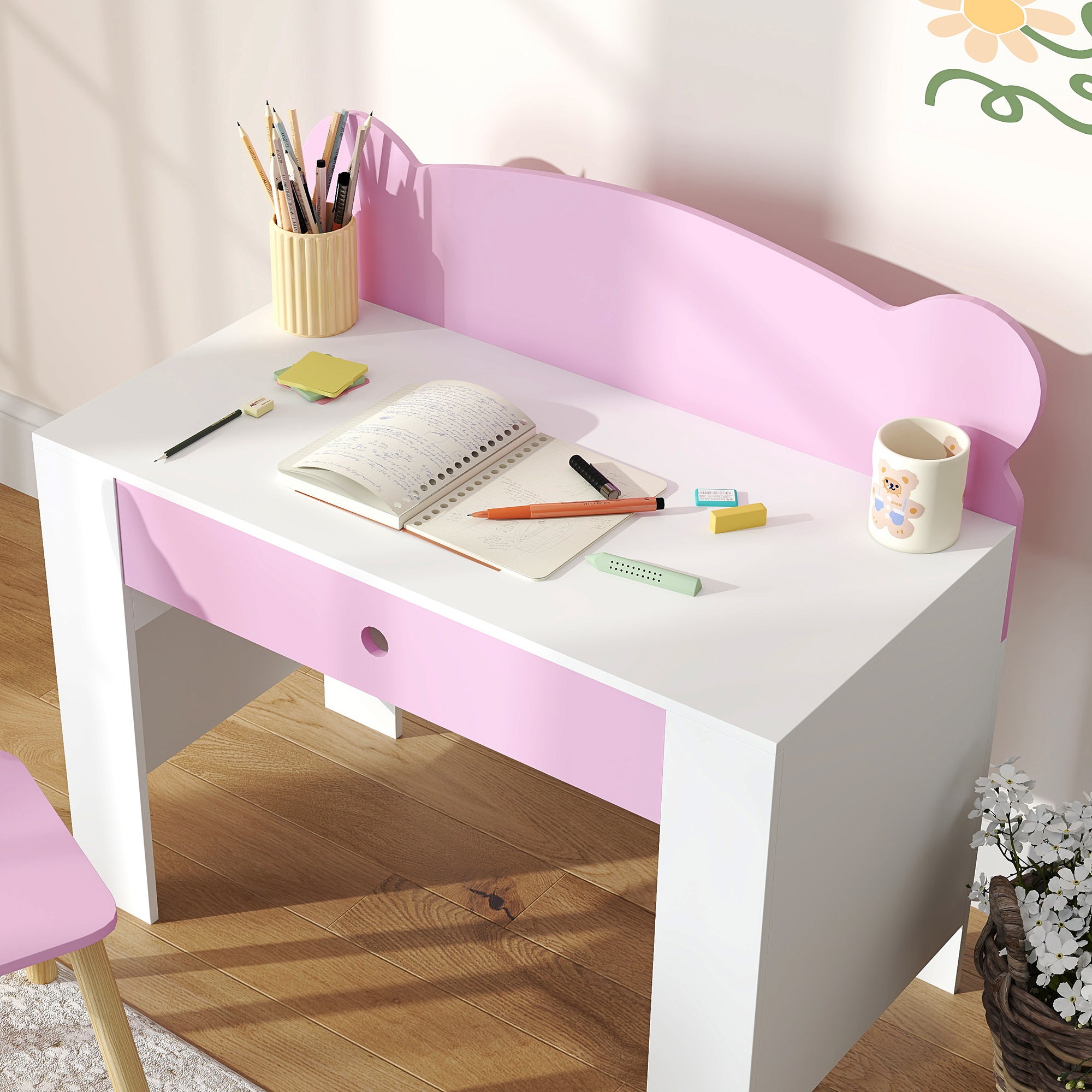 Children's Desk Set with Chair, Study Table with Drawer, Bear-Shaped Backrest, Ages 3-8 Years, Pink