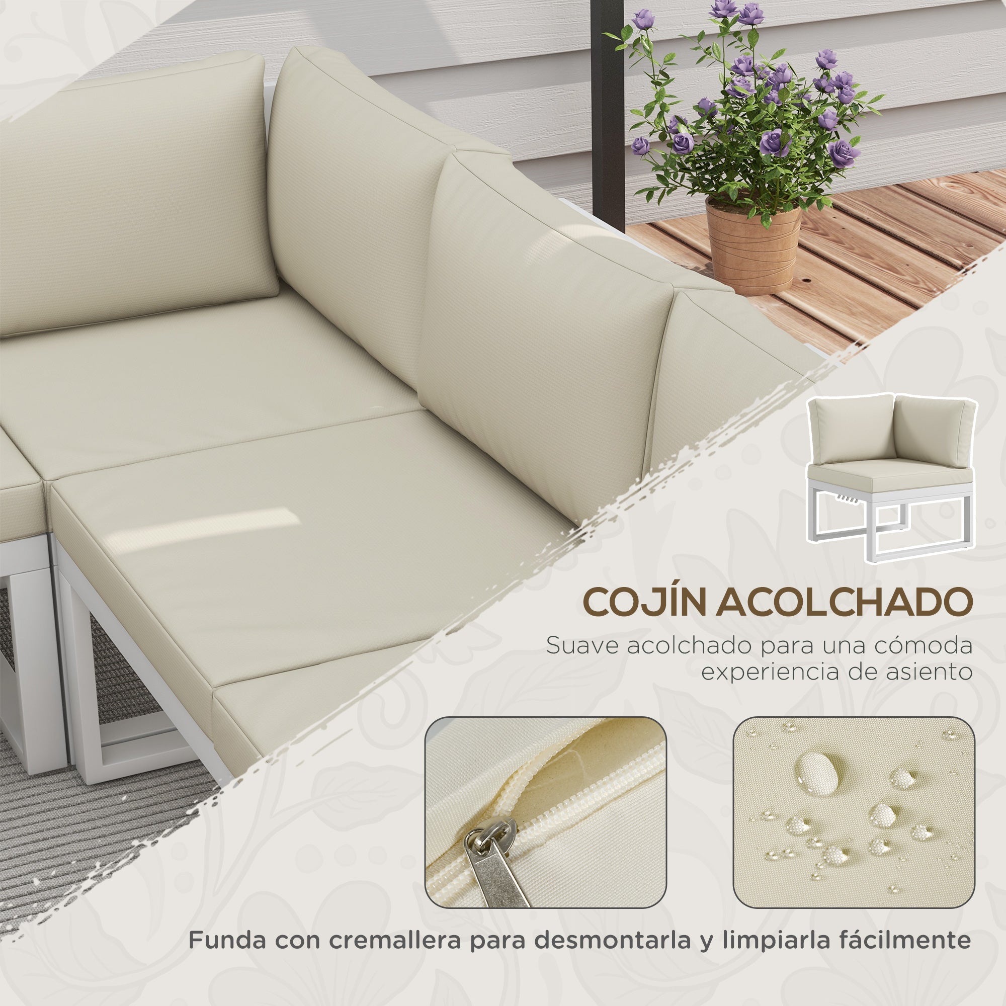 4-Piece Outdoor Garden Furniture Set Patio Furniture Set Includes 2 Double Sofas 1 Reclining Corner Sofa and Coffee Table with Cushions Cream