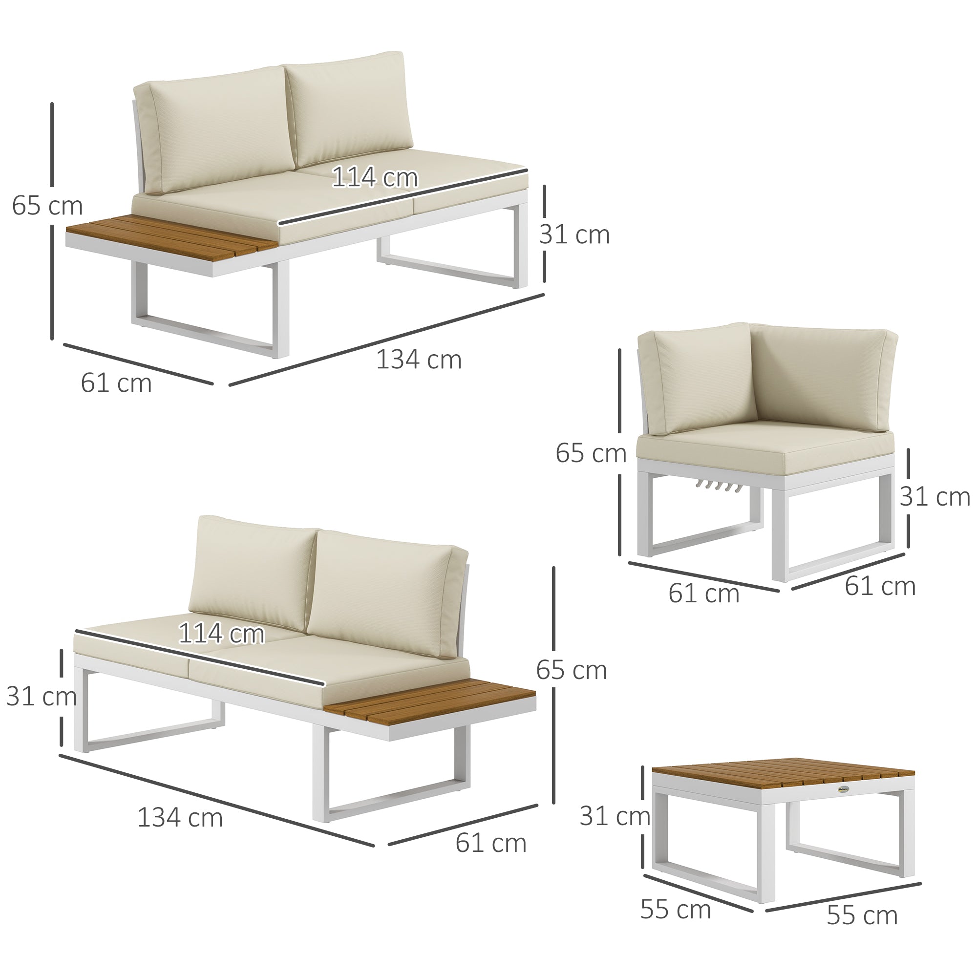 4-Piece Outdoor Garden Furniture Set Patio Furniture Set Includes 2 Double Sofas 1 Reclining Corner Sofa and Coffee Table with Cushions Cream