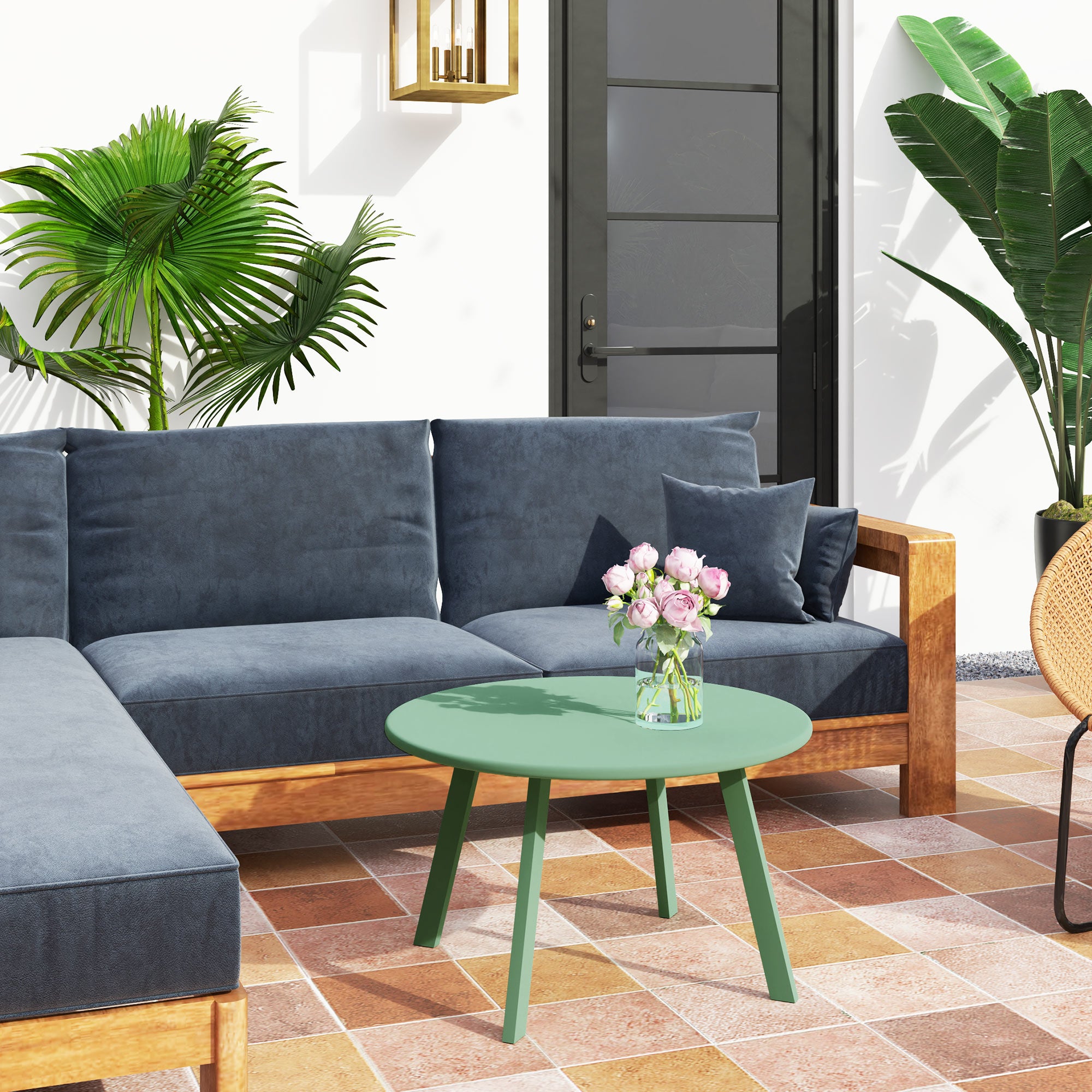 Small round coffee table, side table with non-slip pads, metal frame, for garden, balcony, terrace, living room, Ø 70 x 42 cm, green
