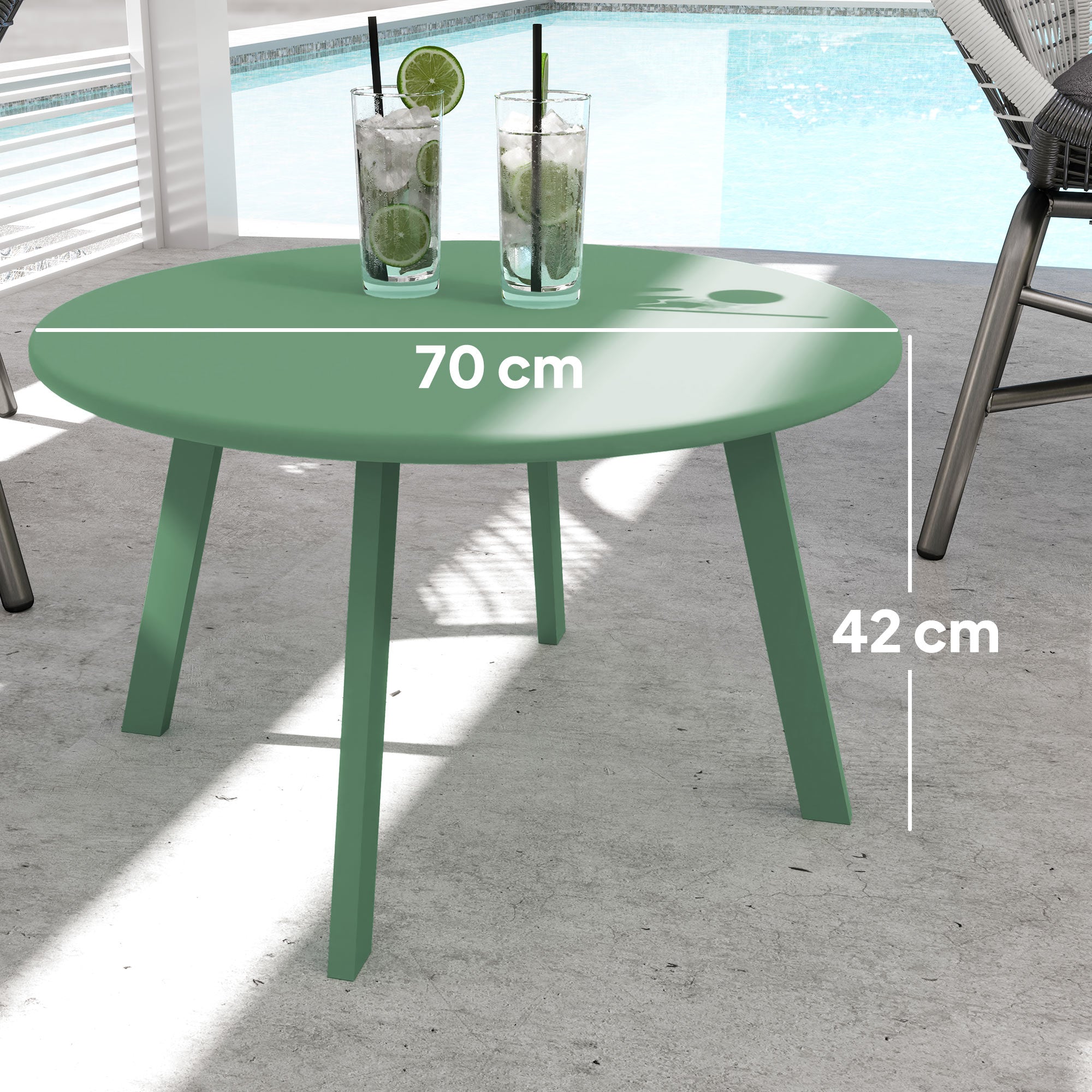 Small round coffee table, side table with non-slip pads, metal frame, for garden, balcony, terrace, living room, Ø 70 x 42 cm, green