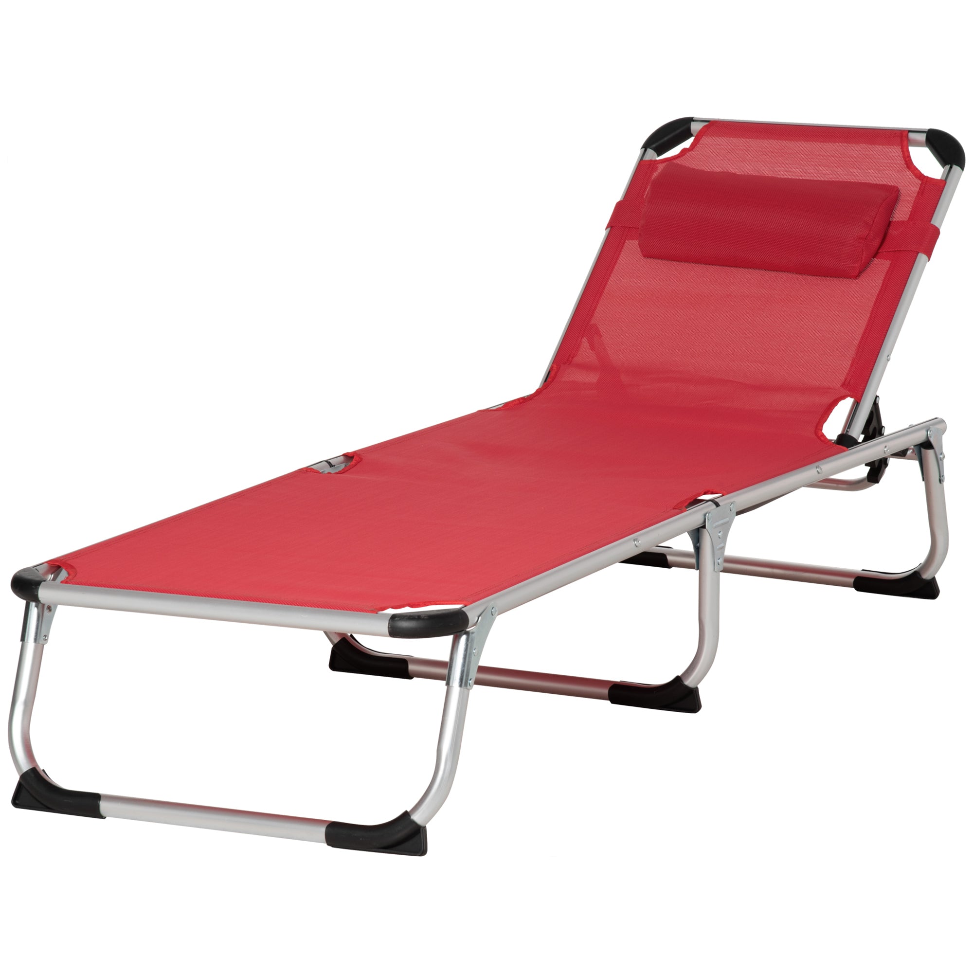 Folding Sun Lounger Garden Lounger with Head Pillow Recliner with 4-position Adjustable Backrest Camping Lounger up to 120 kg Load Capacity for Outdoor Park, Garden, Red