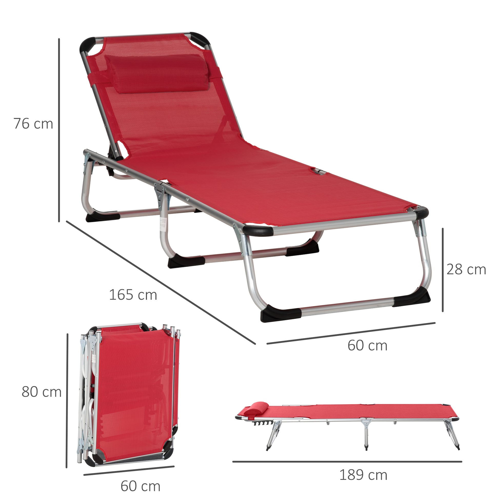 Folding Sun Lounger Garden Lounger with Head Pillow Recliner with 4-position Adjustable Backrest Camping Lounger up to 120 kg Load Capacity for Outdoor Park, Garden, Red