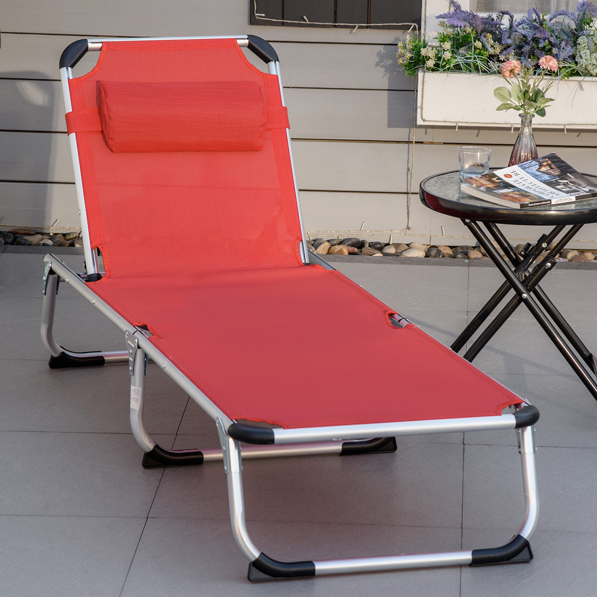 Folding Sun Lounger Garden Lounger with Head Pillow Recliner with 4-position Adjustable Backrest Camping Lounger up to 120 kg Load Capacity for Outdoor Park, Garden, Red