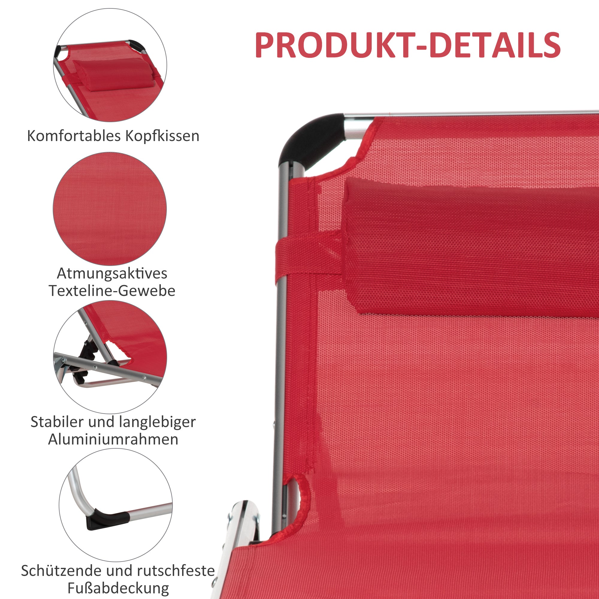 Folding Sun Lounger Garden Lounger with Head Pillow Recliner with 4-position Adjustable Backrest Camping Lounger up to 120 kg Load Capacity for Outdoor Park, Garden, Red