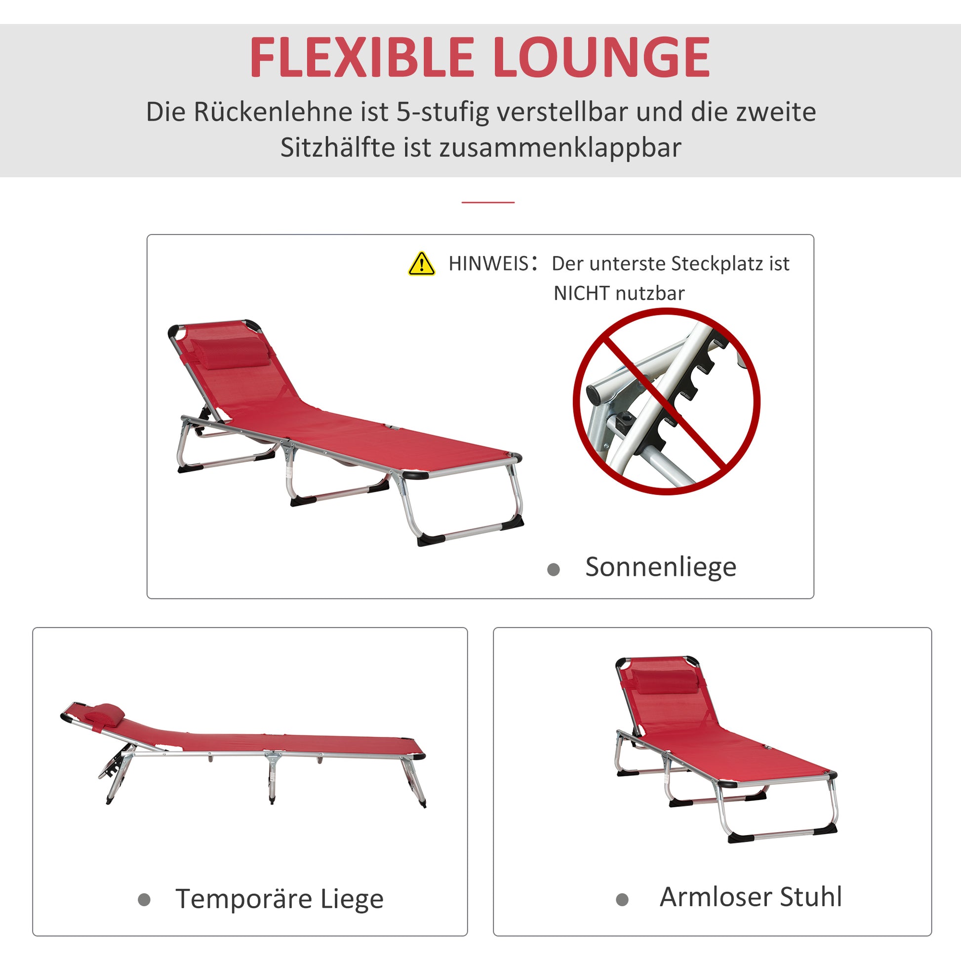 Folding Sun Lounger Garden Lounger with Head Pillow Recliner with 4-position Adjustable Backrest Camping Lounger up to 120 kg Load Capacity for Outdoor Park, Garden, Red