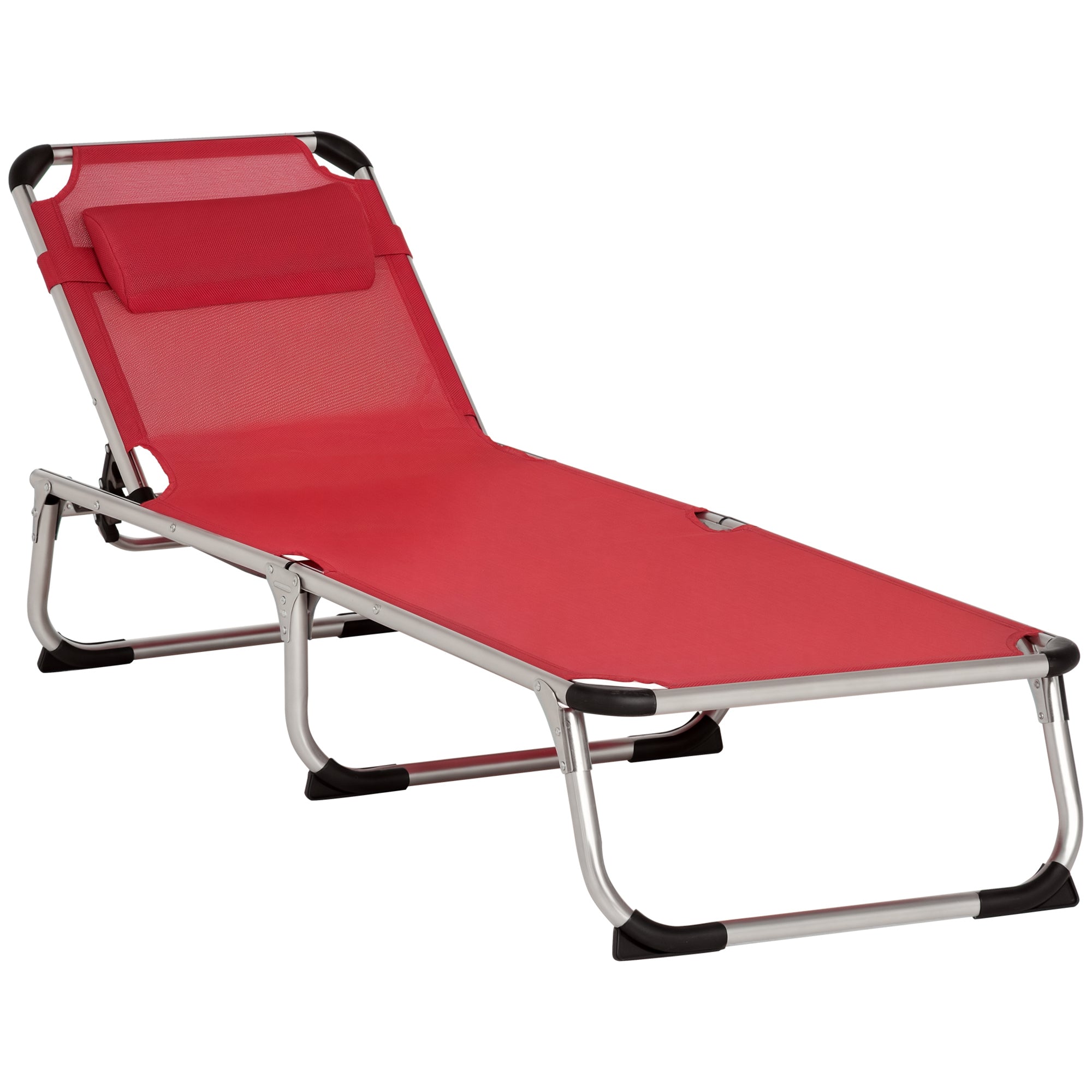 Folding Sun Lounger Garden Lounger with Head Pillow Recliner with 4-position Adjustable Backrest Camping Lounger up to 120 kg Load Capacity for Outdoor Park, Garden, Red