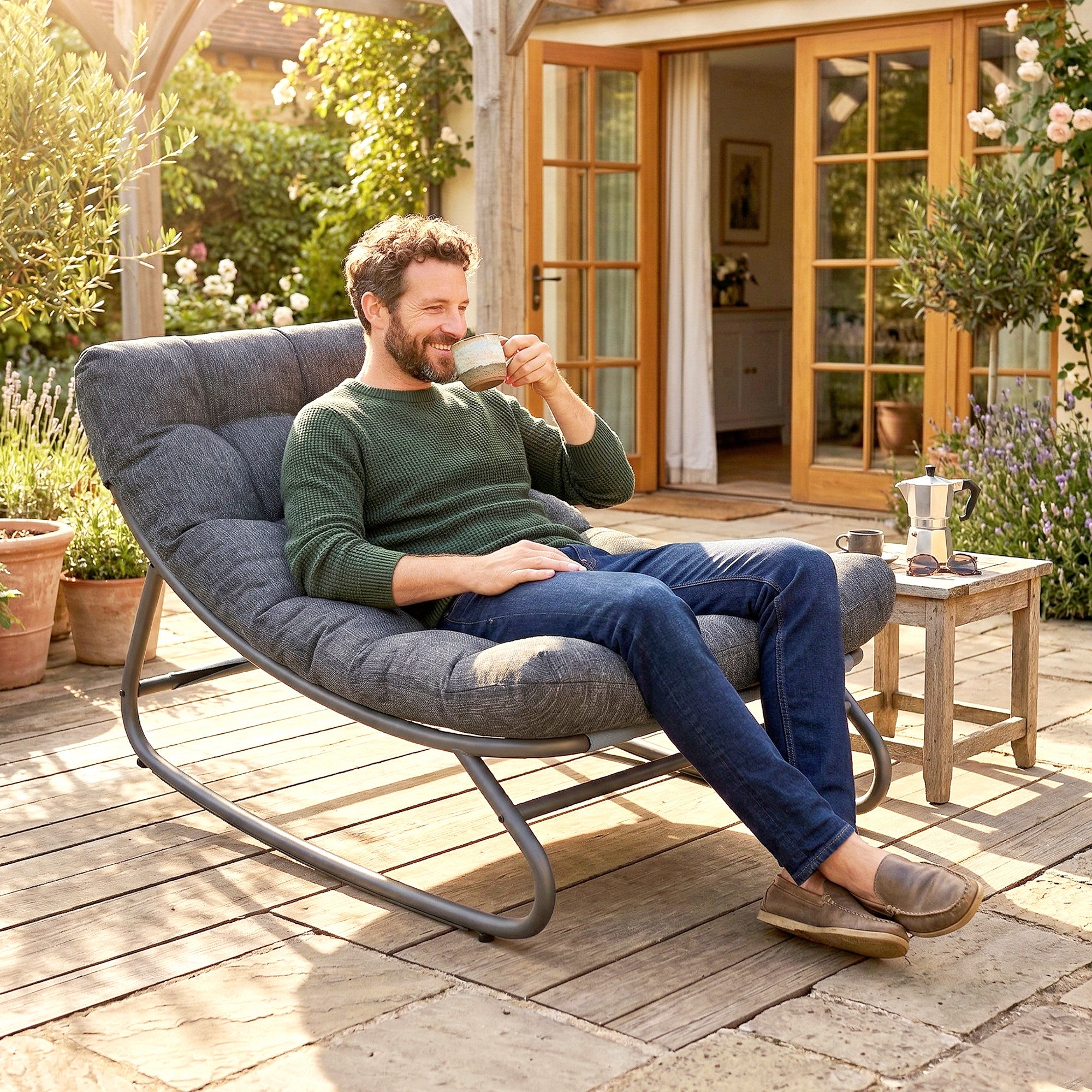 Swing Chair with Wide Mesh Seat and Thick Cushion, Outdoor Relaxing Rocker for Garden, Balcony & Patio, Up to 265 lb, 39.8 x 26.0 x 24.8 in, Gray