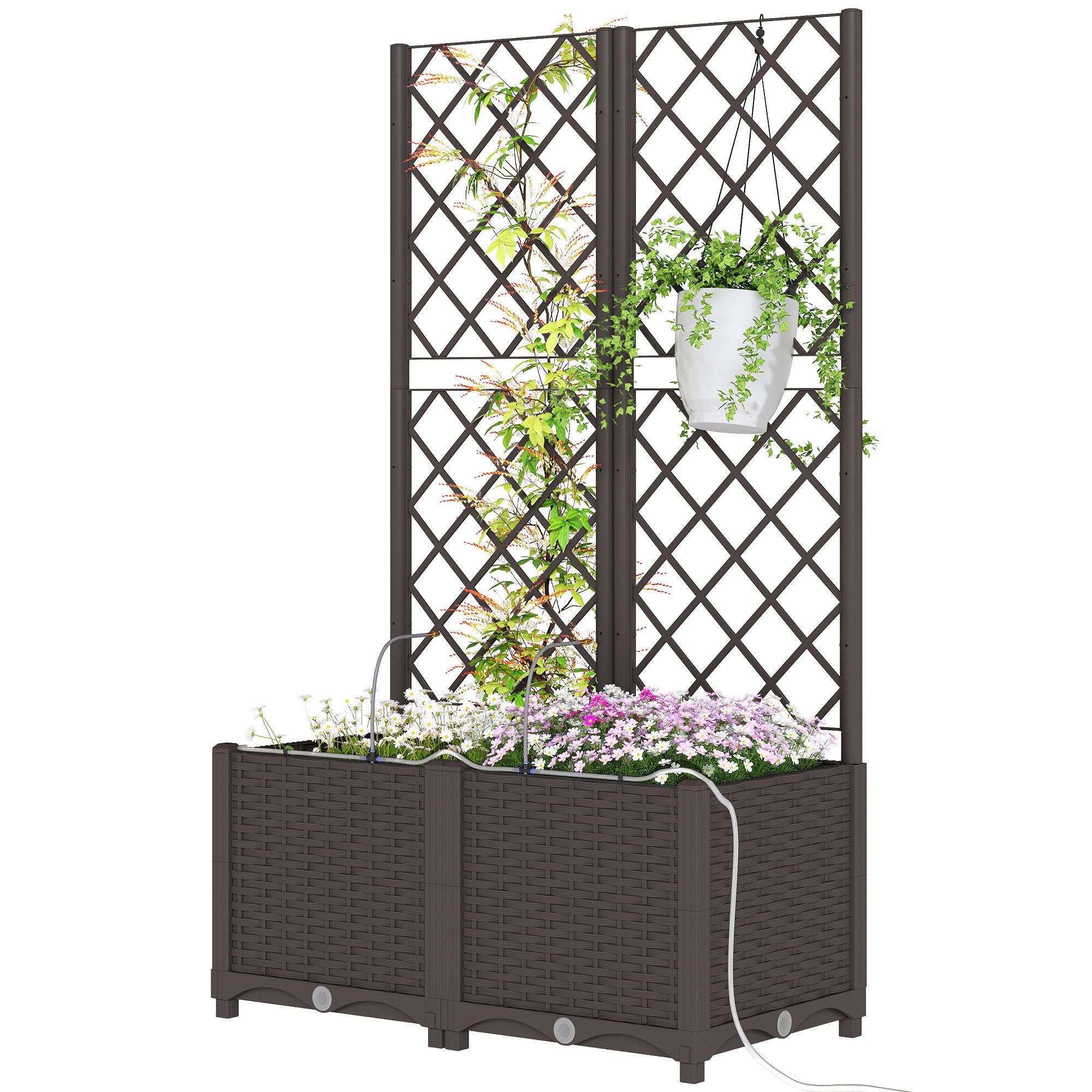 Set of 2 Trellises with Planter Box — Drainage Hole & Water Timer Irrigation System, 31.5 x 15.7 x 53.5 in Raised Planter with Trellis for Garden & Balcony, Brown