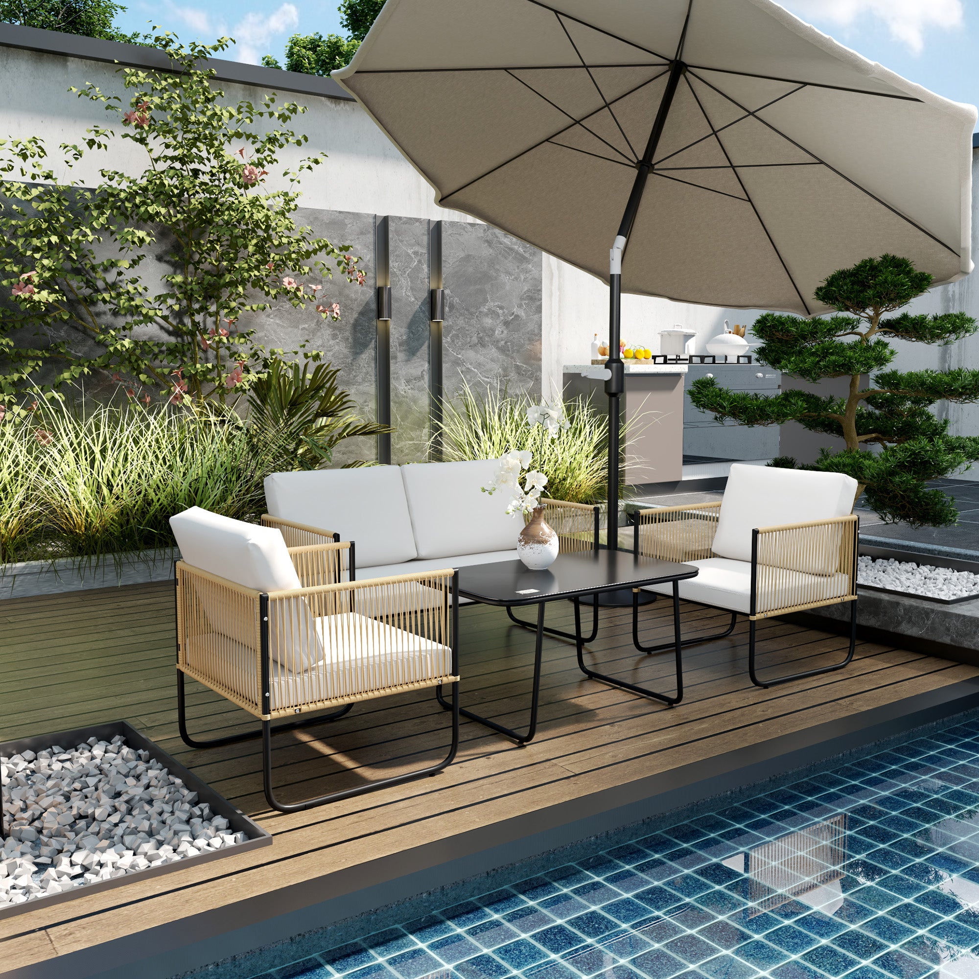 Outdoor 4-Person Garden Set, Balcony Rattan Lounge with 2-Seater Sofa, Armchairs, Tempered Glass Coffee Table, Removable Cushions Included, Cream