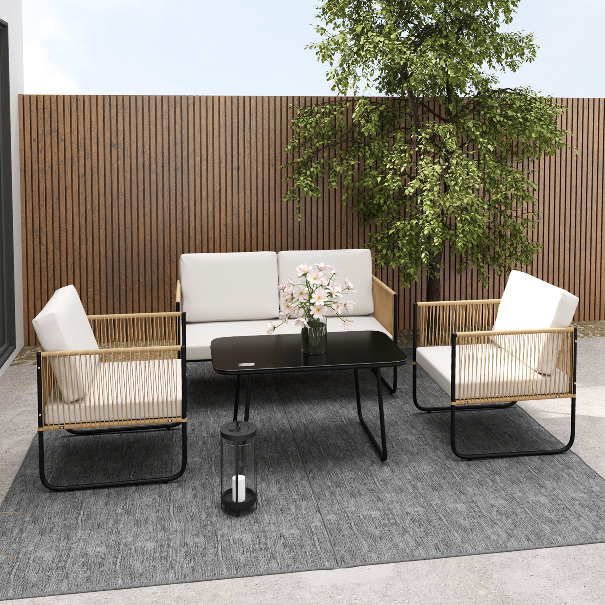 Outdoor 4-Person Garden Set, Balcony Rattan Lounge with 2-Seater Sofa, Armchairs, Tempered Glass Coffee Table, Removable Cushions Included, Cream