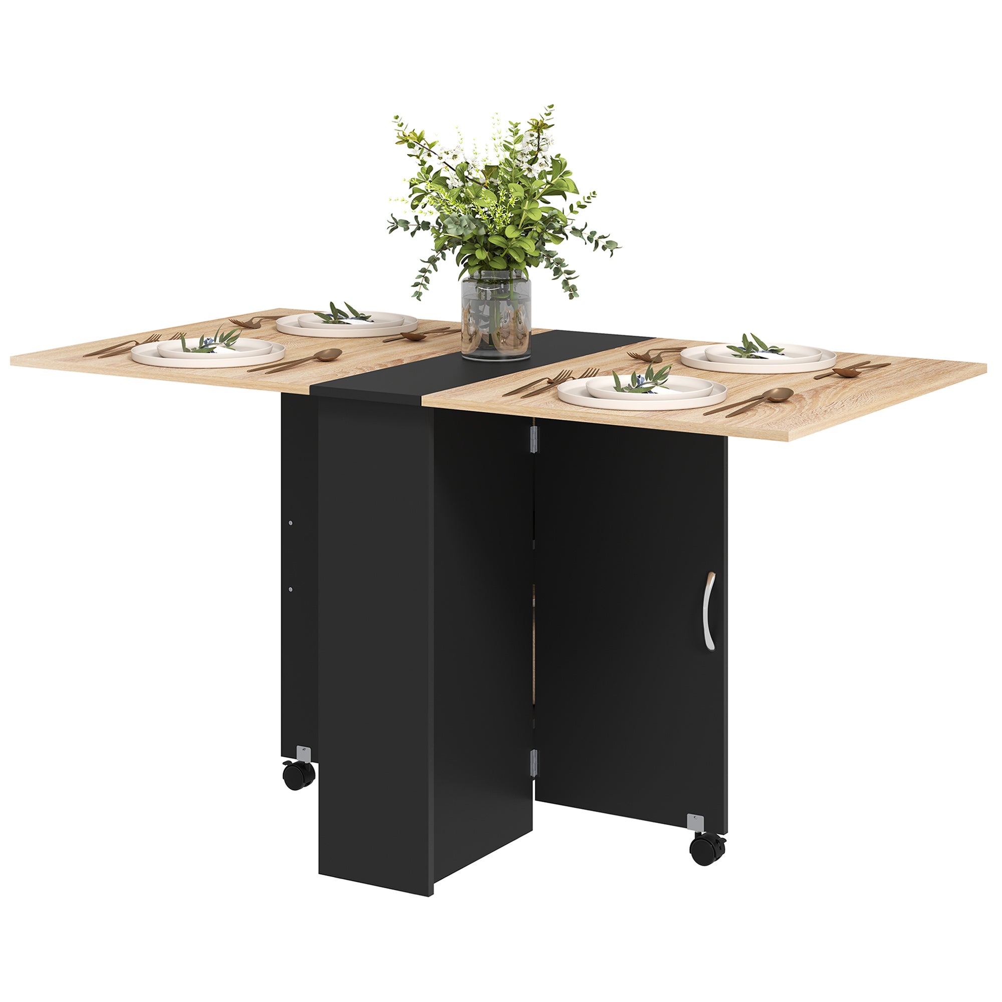 Folding Dining Table Kitchen Table with Wheels Foldable Wings and Shelves for 4-6 People 29.5x55x29 inches Natural and Black