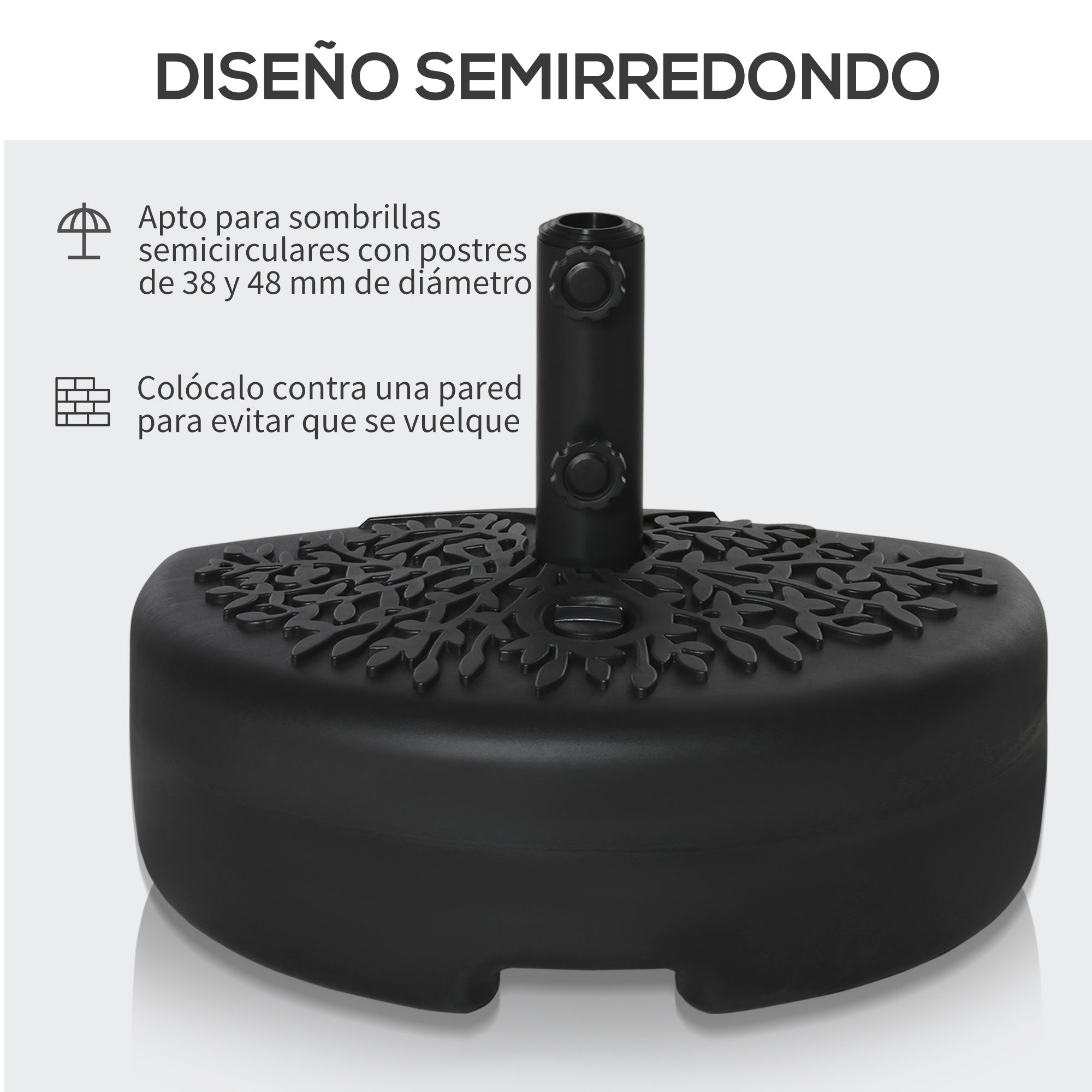 Wall-Mounted Umbrella Base Ø38/48 mm Semicircular Fillable Parasol Stand with 21 kg Water or 18 kg Sand for Garden Patio Terrace Outdoor 50x31x38 cm Black