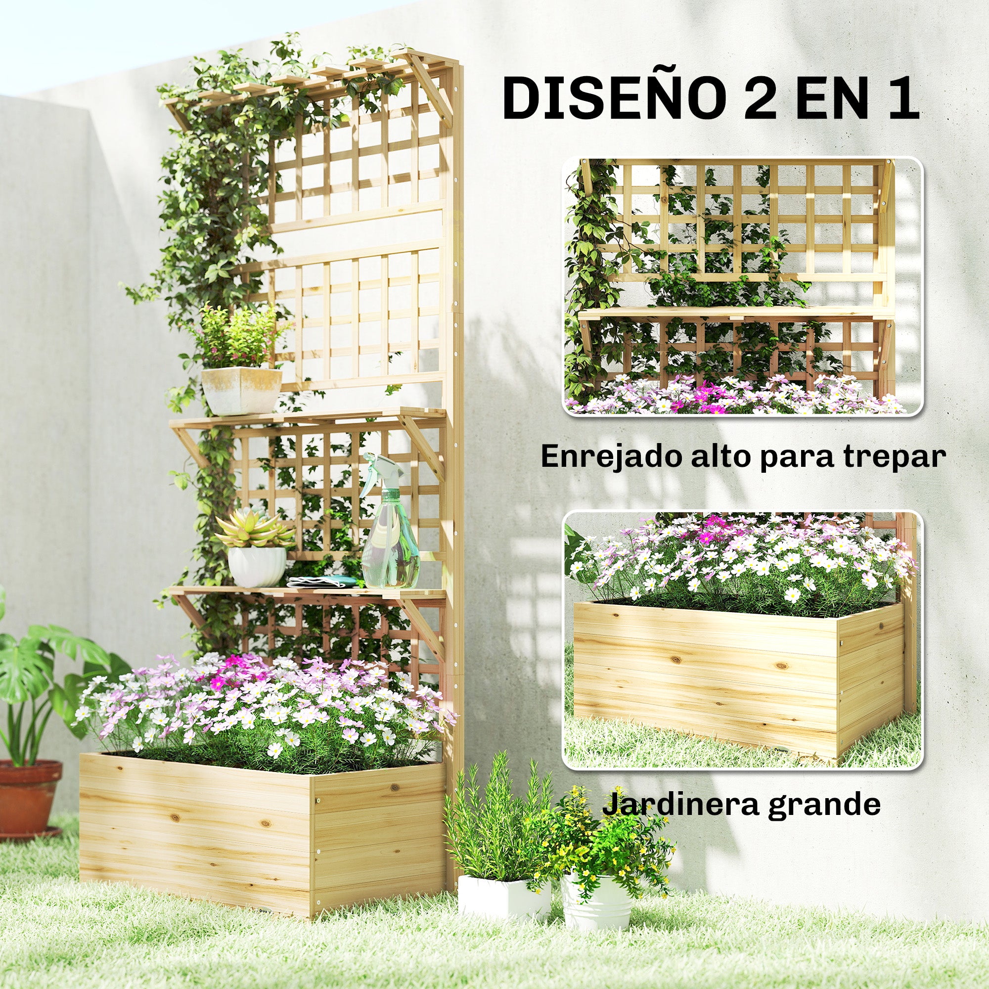 Raised Wooden Planter with Trellis & Roof, Large Outdoor Spruce Planter for Climbing Plants, 2 Shelves, Drainage & Liner, 76 x 43.5 x 177 cm (29.9 x 17.1 x 69.7 in), Natural