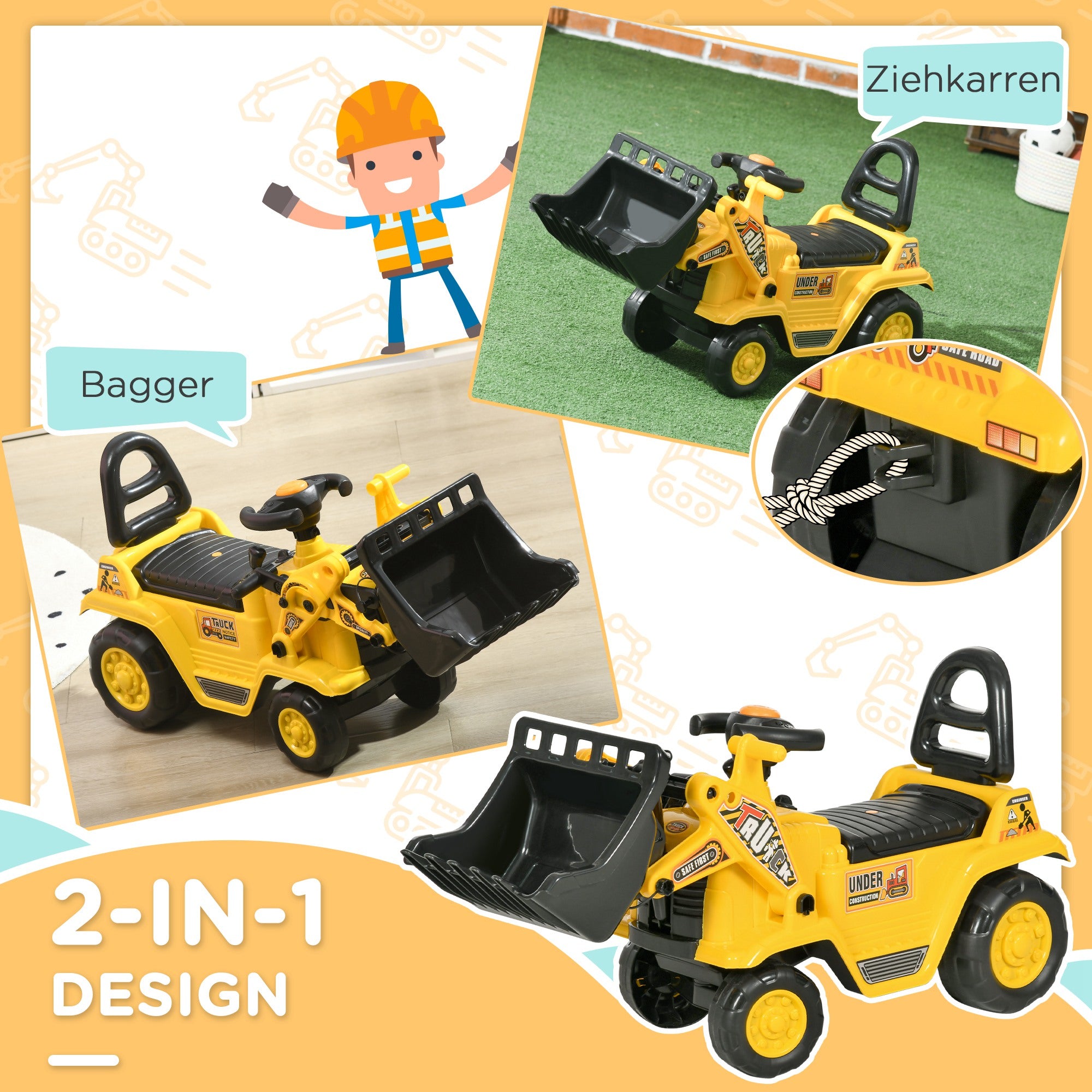 Seat Excavator with Built-in Storage Compartment Kids Ride-on Tractor Kids Digger with Horn Slider Digger Vehicle Wheel Yellow+Black 80 x 26.5 x 39 cm