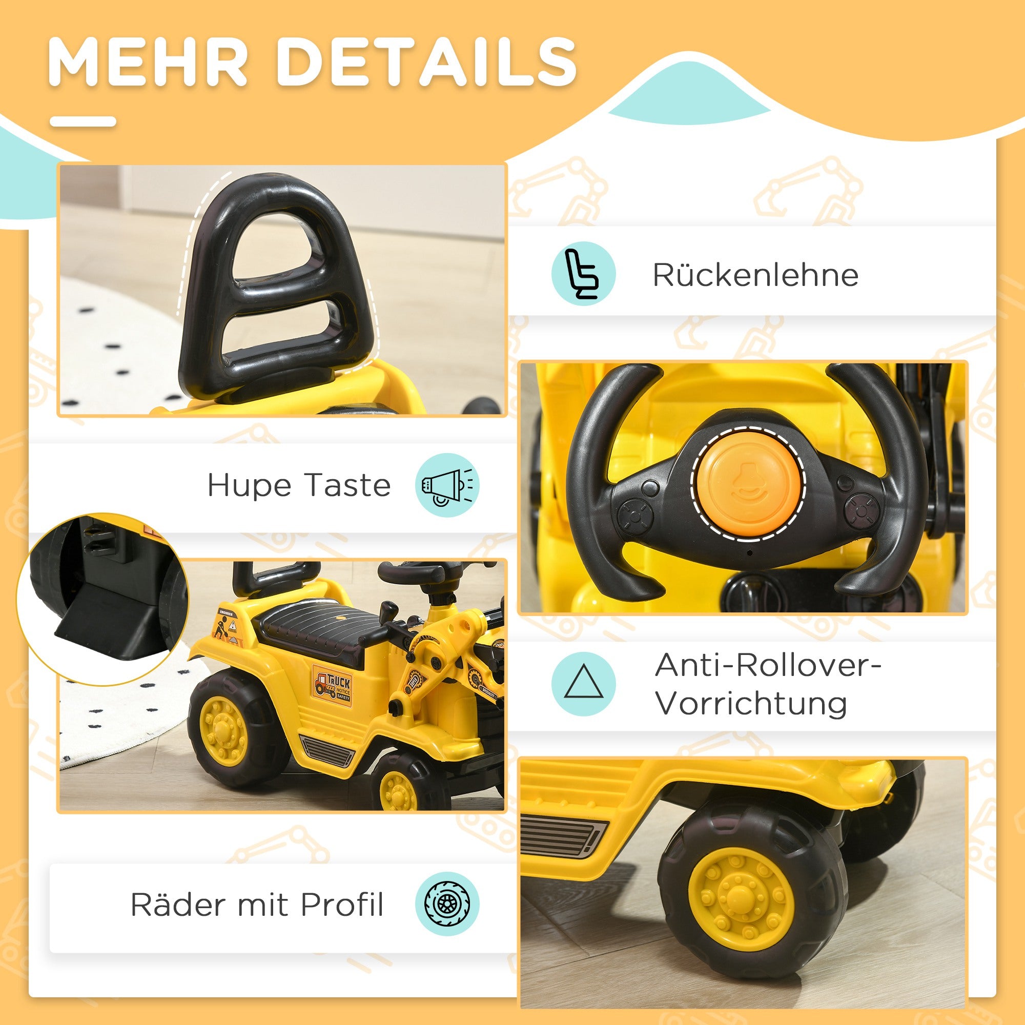 Seat Excavator with Built-in Storage Compartment Kids Ride-on Tractor Kids Digger with Horn Slider Digger Vehicle Wheel Yellow+Black 80 x 26.5 x 39 cm