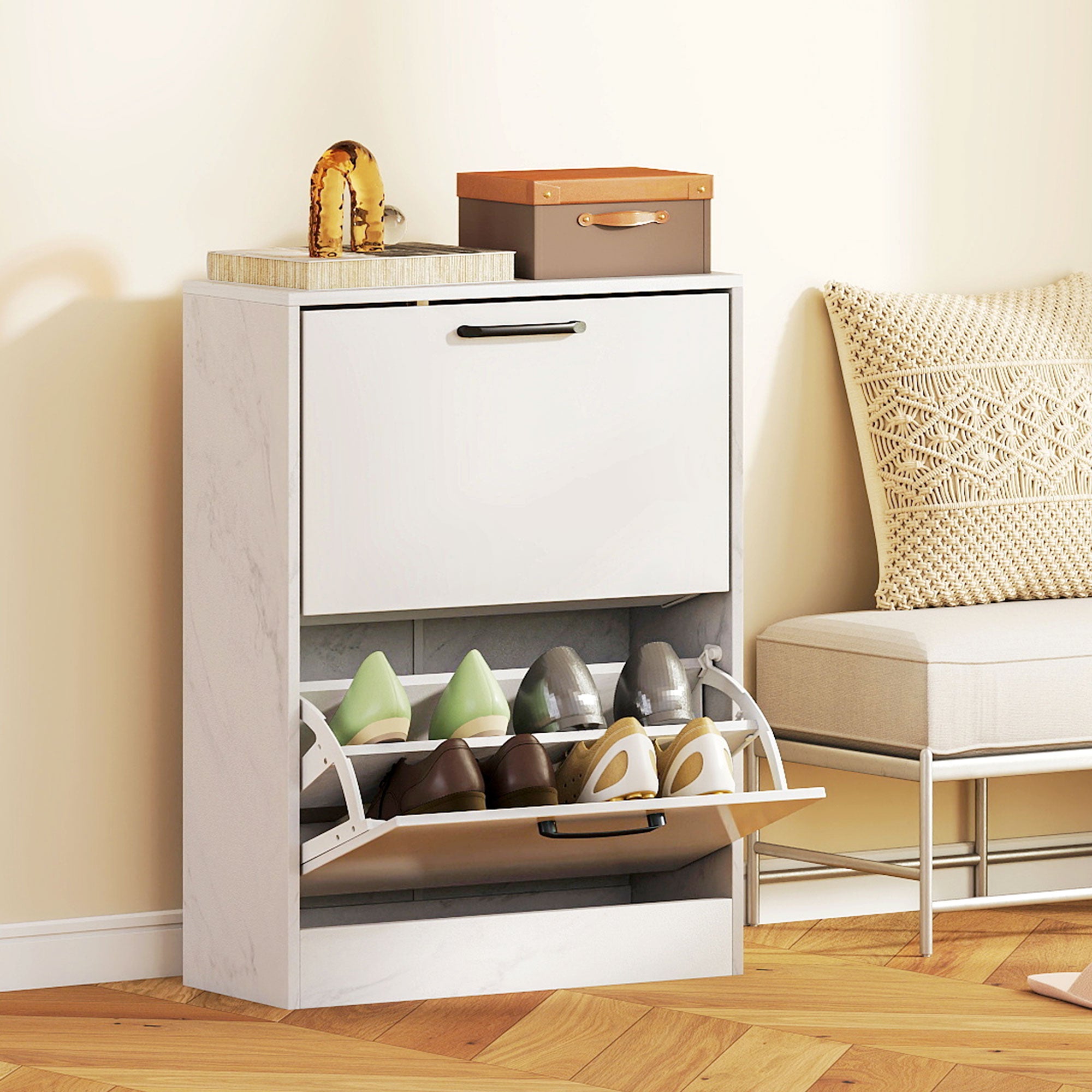 Slim Shoe Cabinet with 2 High-Gloss Flip Doors, Adjustable Shelves, Marble Design, Fits up to 8 Pairs — White (23.6 x 9.4 x 31.5 in)