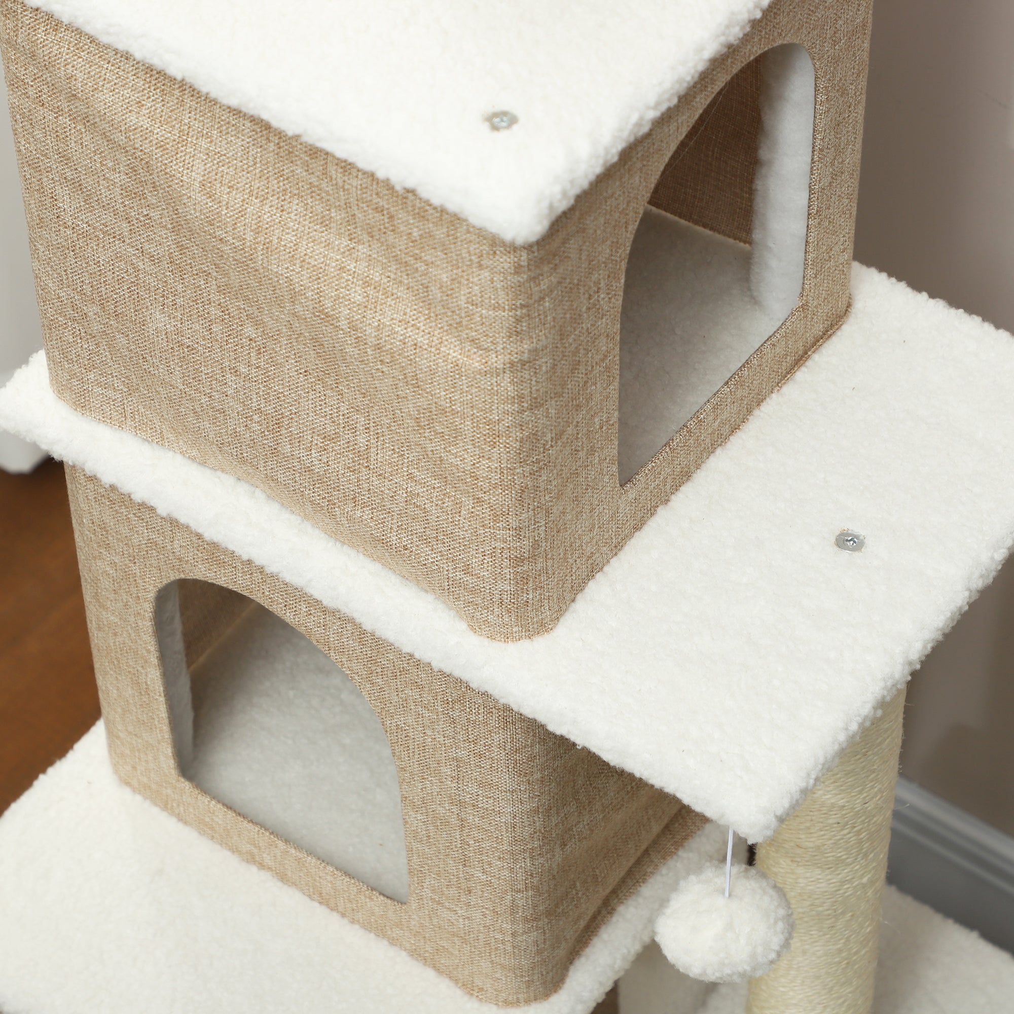 Sheepskin Cat Scratching Tree Height 140 cm Cat Tree Tower with 2 Nests Platforms Hanging Balls and Sisal Post Light Brown