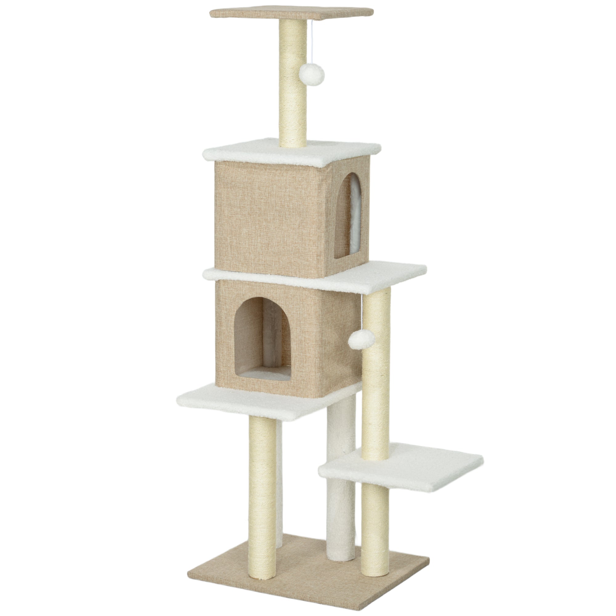 Sheepskin Cat Scratching Tree Height 140 cm Cat Tree Tower with 2 Nests Platforms Hanging Balls and Sisal Post Light Brown
