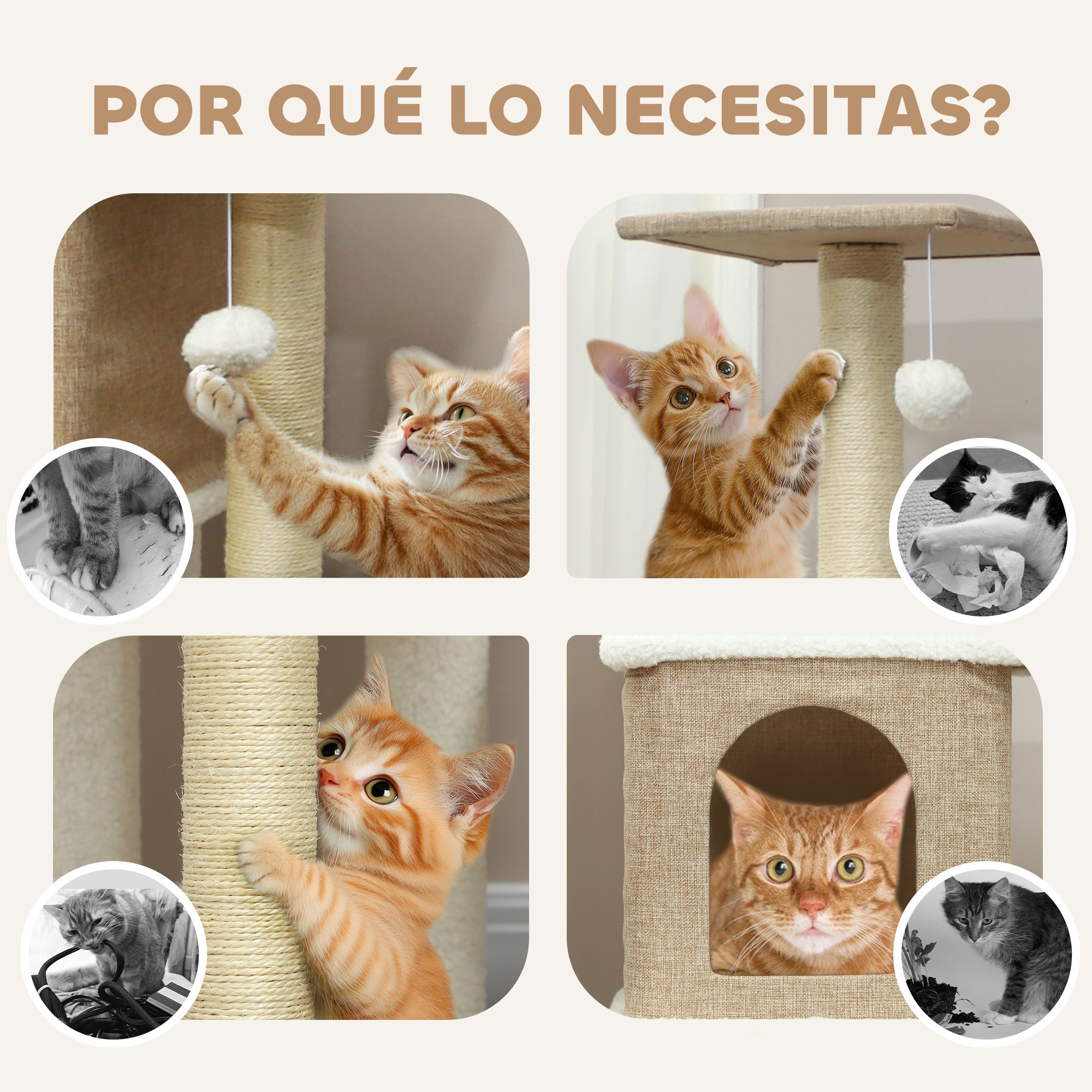 Sheepskin Cat Scratching Tree Height 140 cm Cat Tree Tower with 2 Nests Platforms Hanging Balls and Sisal Post Light Brown