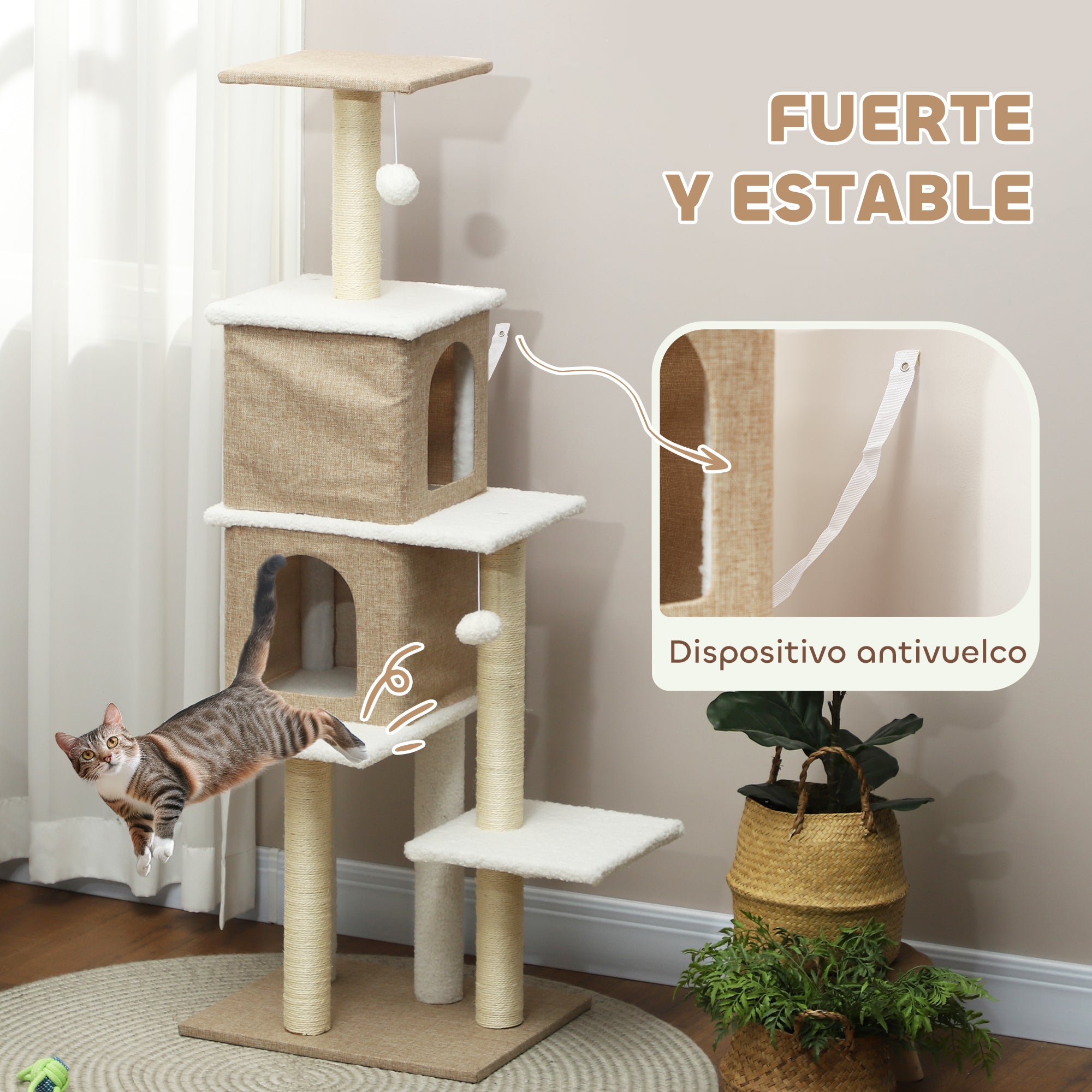 Sheepskin Cat Scratching Tree Height 140 cm Cat Tree Tower with 2 Nests Platforms Hanging Balls and Sisal Post Light Brown