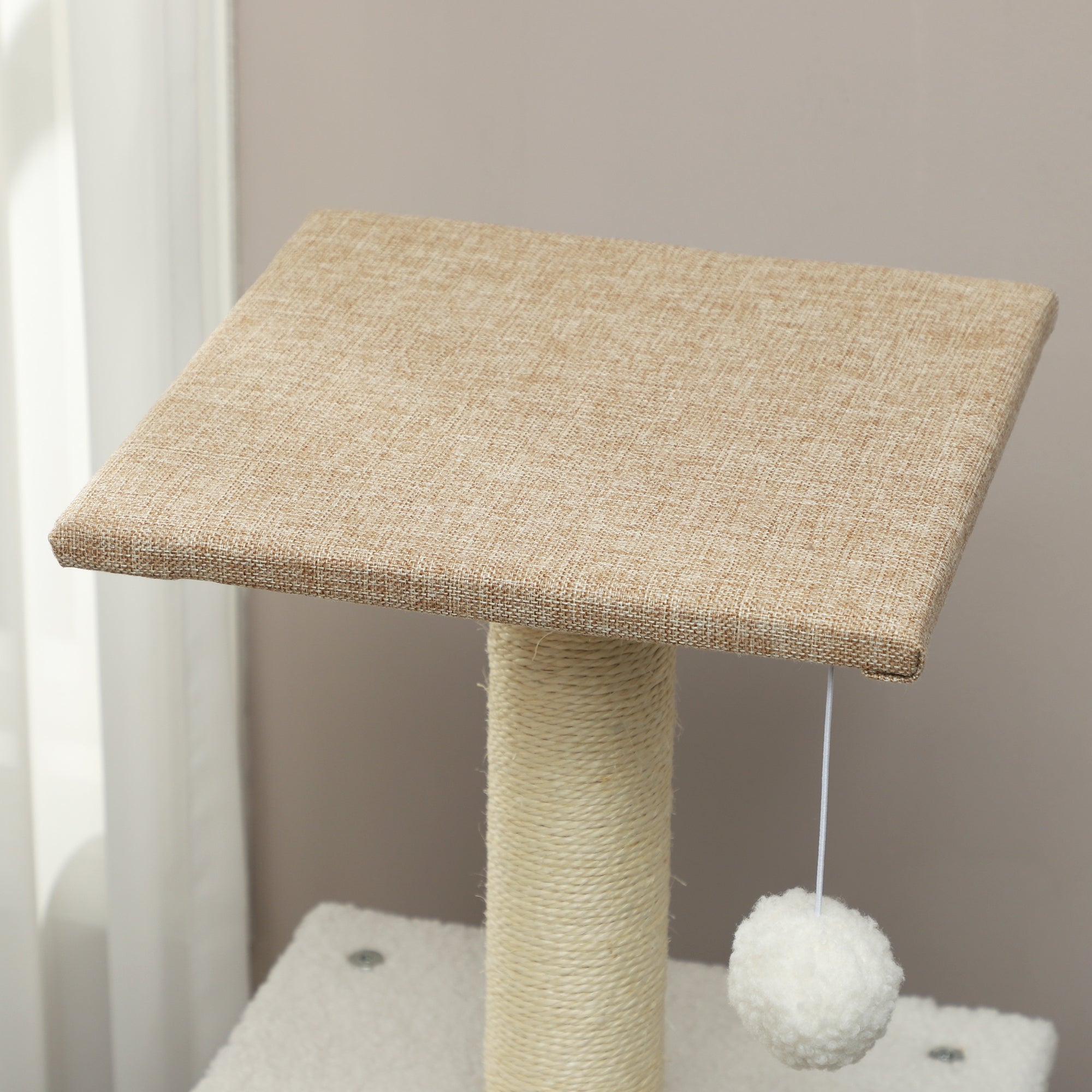 Sheepskin Cat Scratching Tree Height 140 cm Cat Tree Tower with 2 Nests Platforms Hanging Balls and Sisal Post Light Brown
