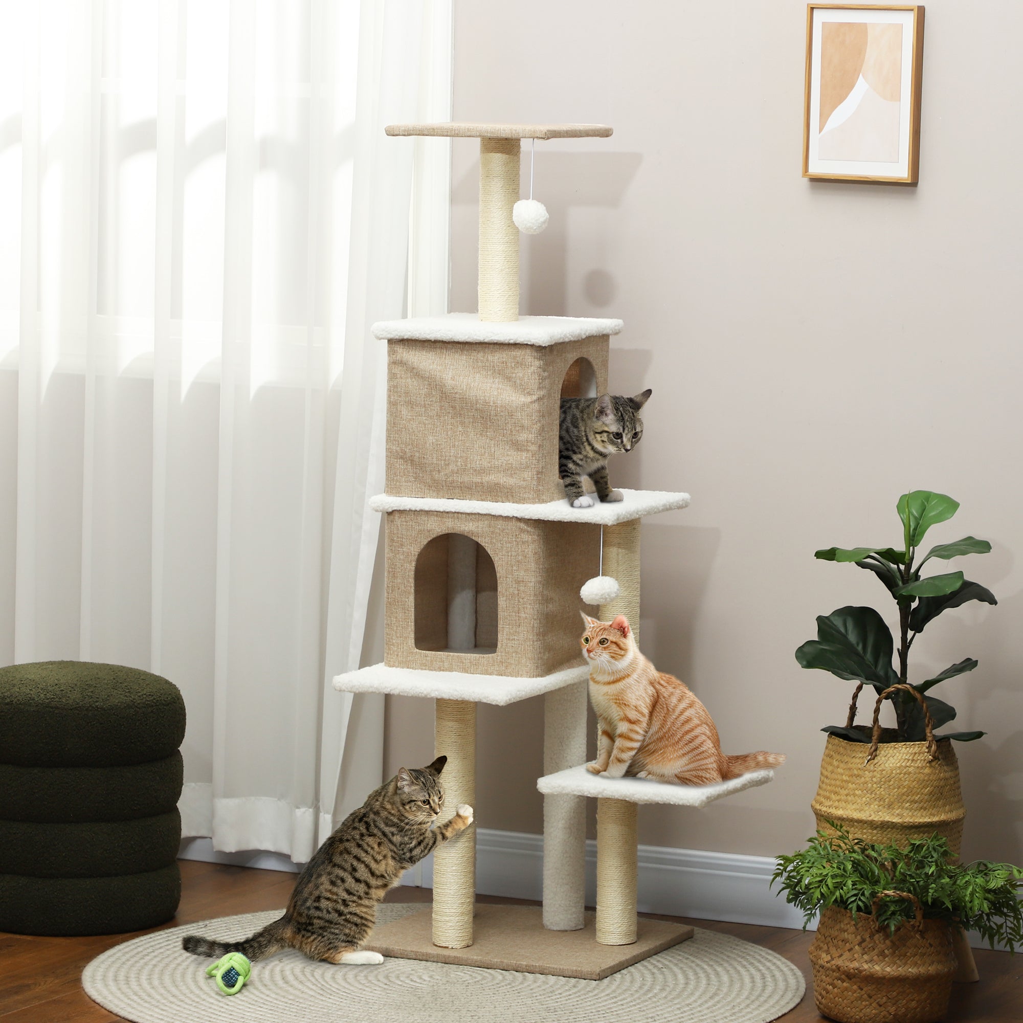 Sheepskin Cat Scratching Tree Height 140 cm Cat Tree Tower with 2 Nests Platforms Hanging Balls and Sisal Post Light Brown
