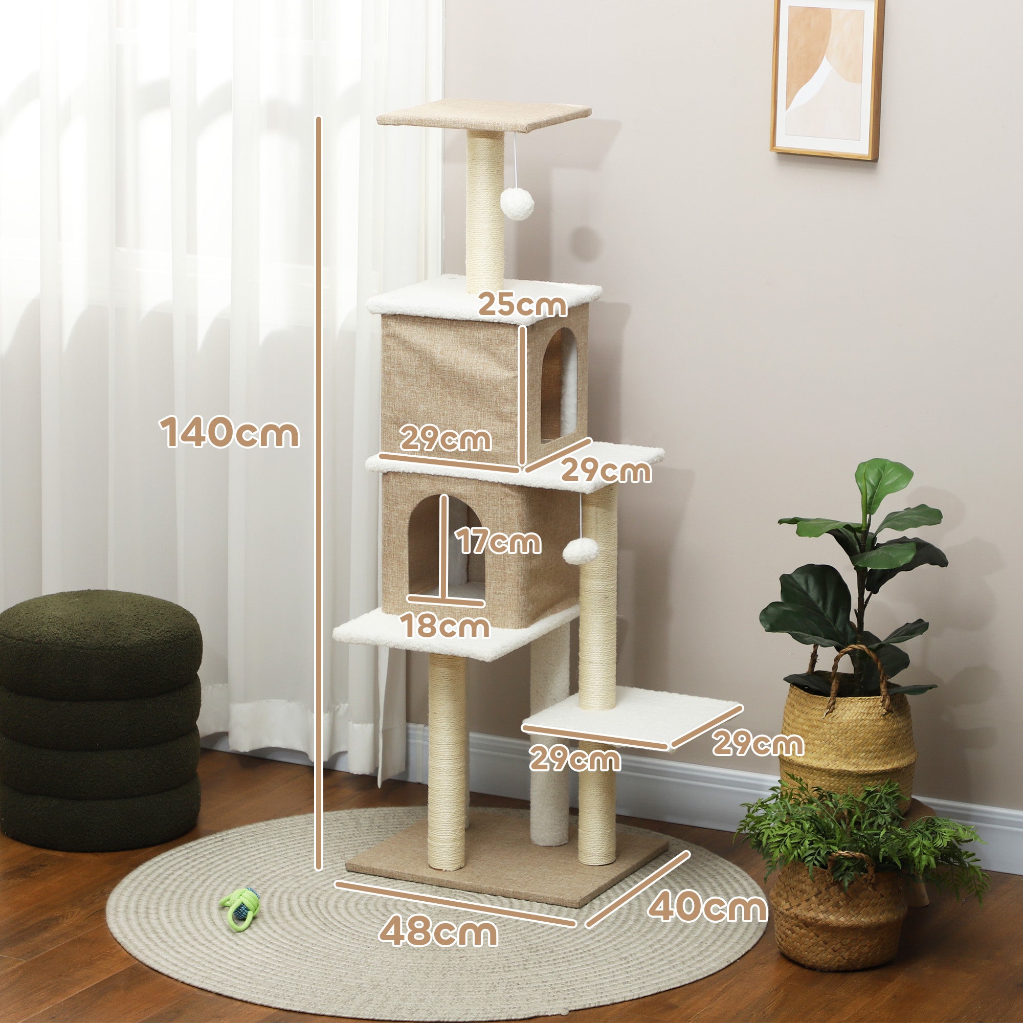 Sheepskin Cat Scratching Tree Height 140 cm Cat Tree Tower with 2 Nests Platforms Hanging Balls and Sisal Post Light Brown