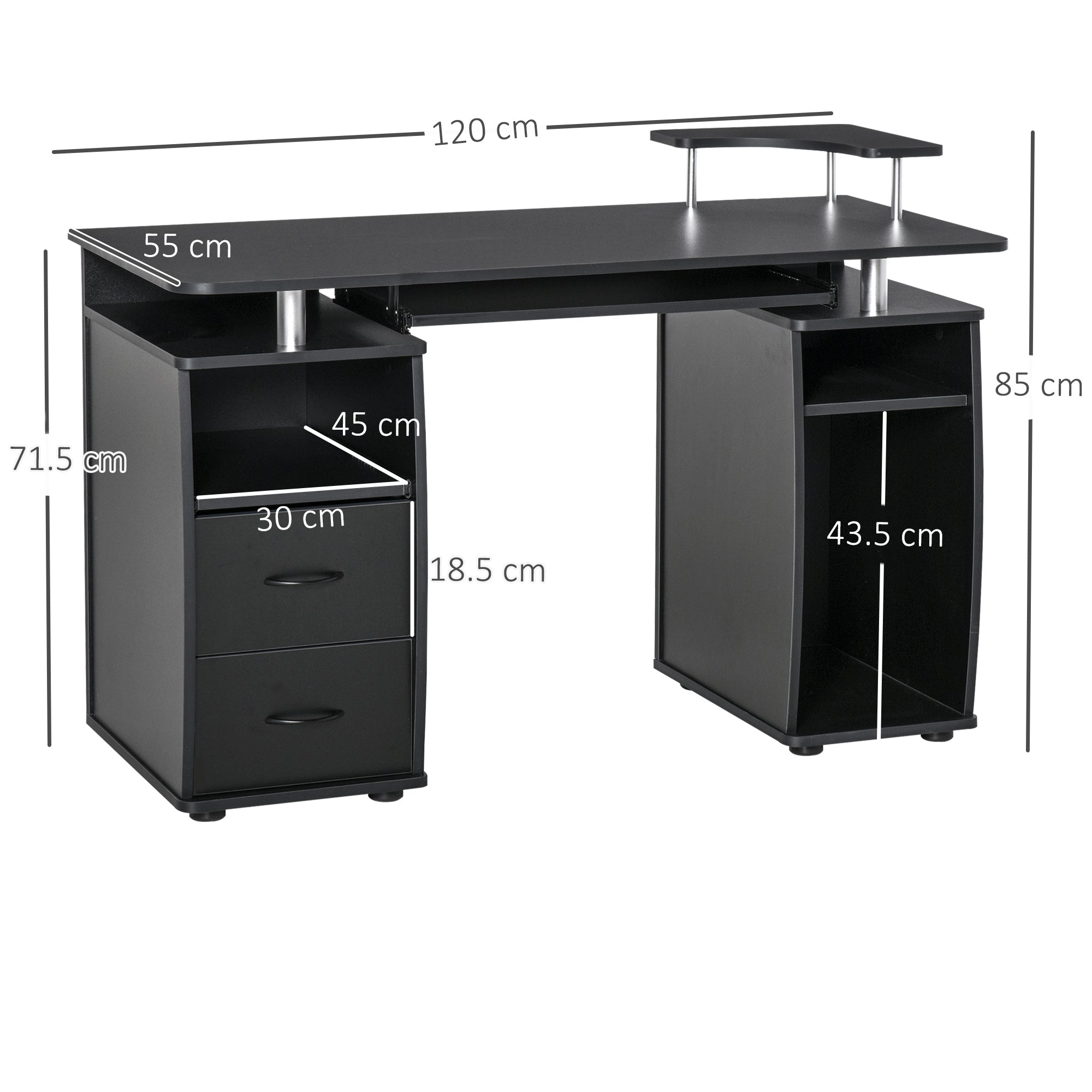 Modern Computer Desk, Office Desk in Wood with Drawers, Pull-Out Shelf, and Keyboard Tray, 120x55x85cm, Black