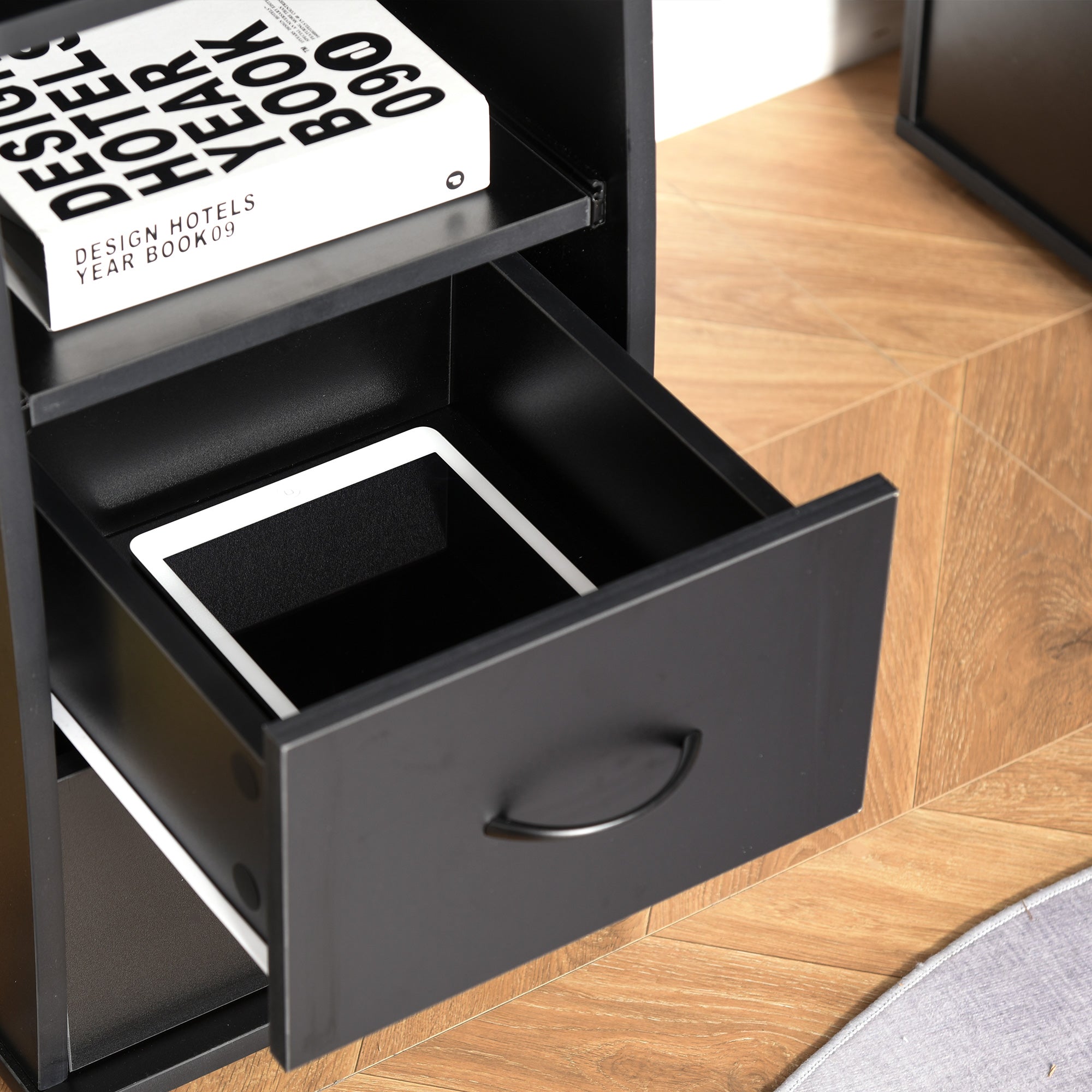 Modern Computer Desk, Office Desk in Wood with Drawers, Pull-Out Shelf, and Keyboard Tray, 120x55x85cm, Black