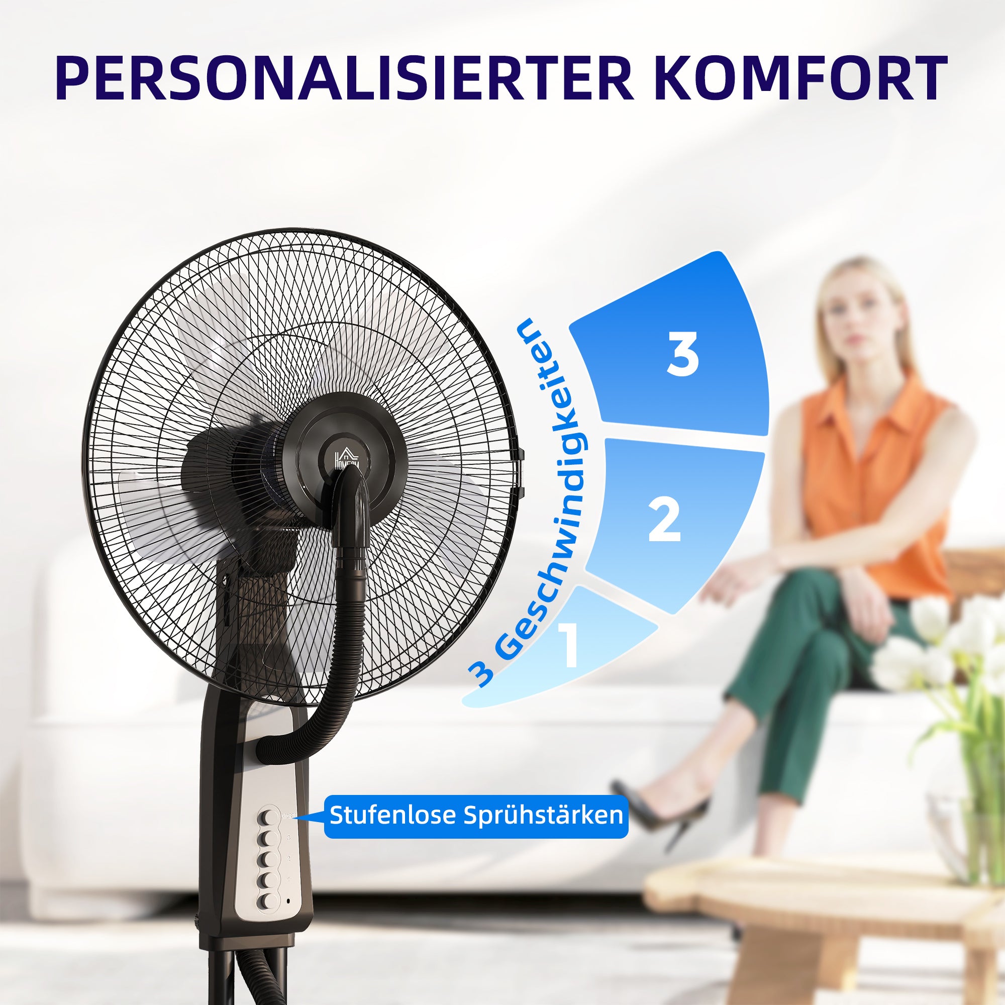 Water Cooling Fan, Stand Fan with Adjustable Spray Mist, 3 Speeds, 3L Water Tank, 75° Oscillating, 90W Water Fan with Wheels, 125cm