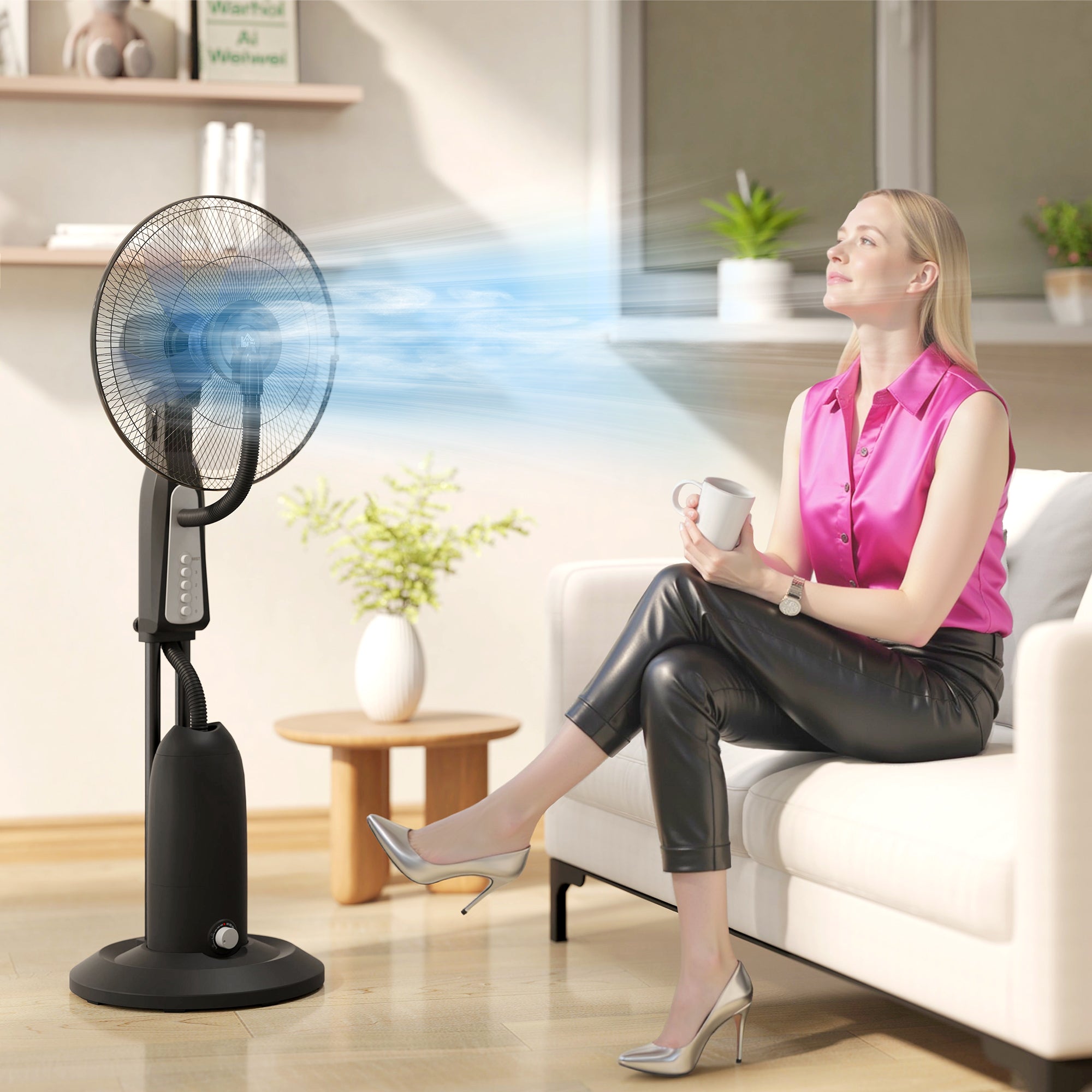 Water Cooling Fan, Stand Fan with Adjustable Spray Mist, 3 Speeds, 3L Water Tank, 75° Oscillating, 90W Water Fan with Wheels, 125cm