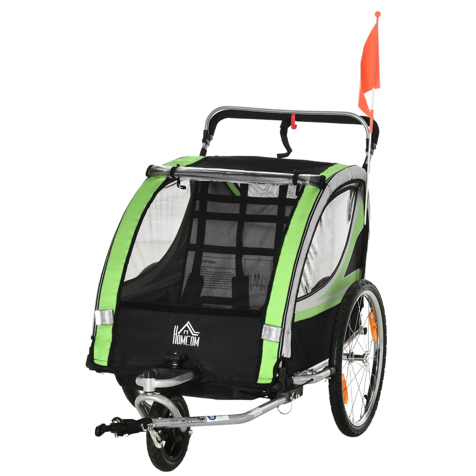 2 in 1 folding child trailer bike trailer with detachable front wheel, rear brakes, child bike trailer for 2 children from 18 months, up to 26.4 kg load-bearing capacity, Green