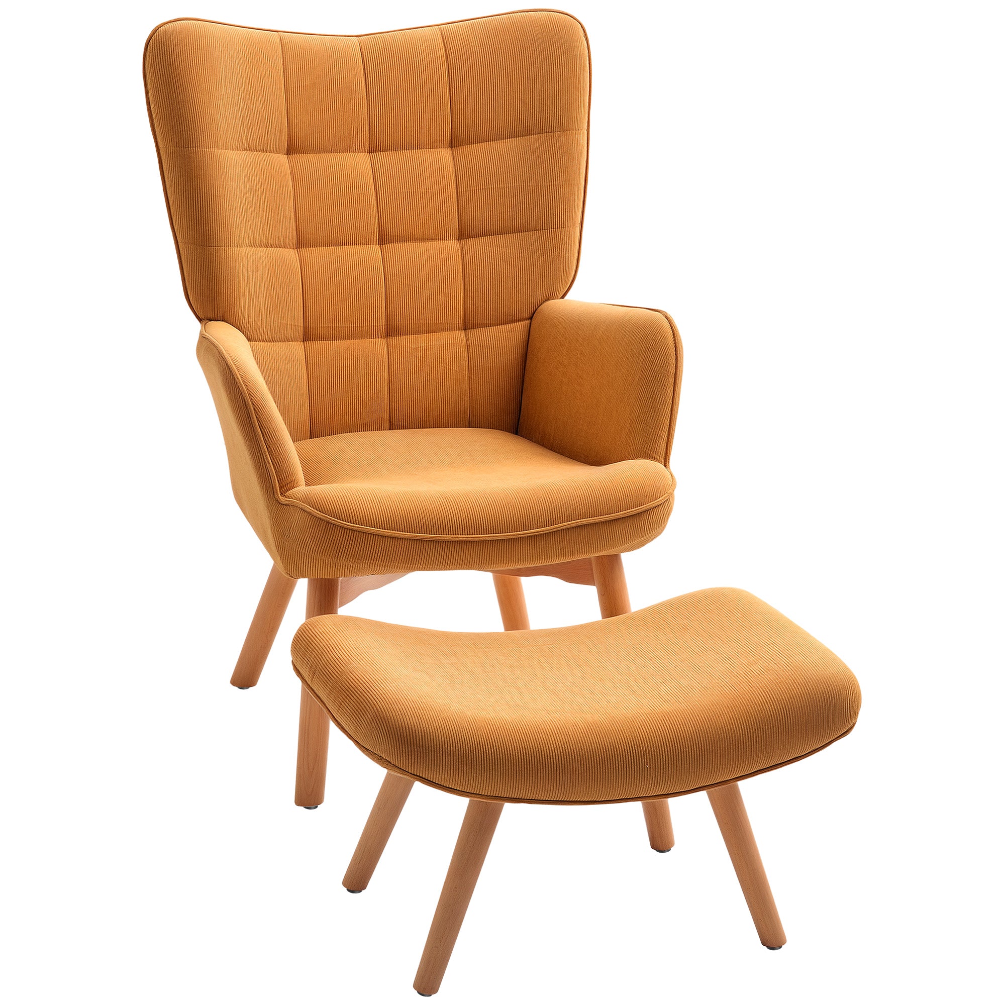 Armchair with Footstool, High Back Wingback Chair, Wooden Legs, Lounge Chair with Tufted Design, Corduroy Look, for Living Room, Brown