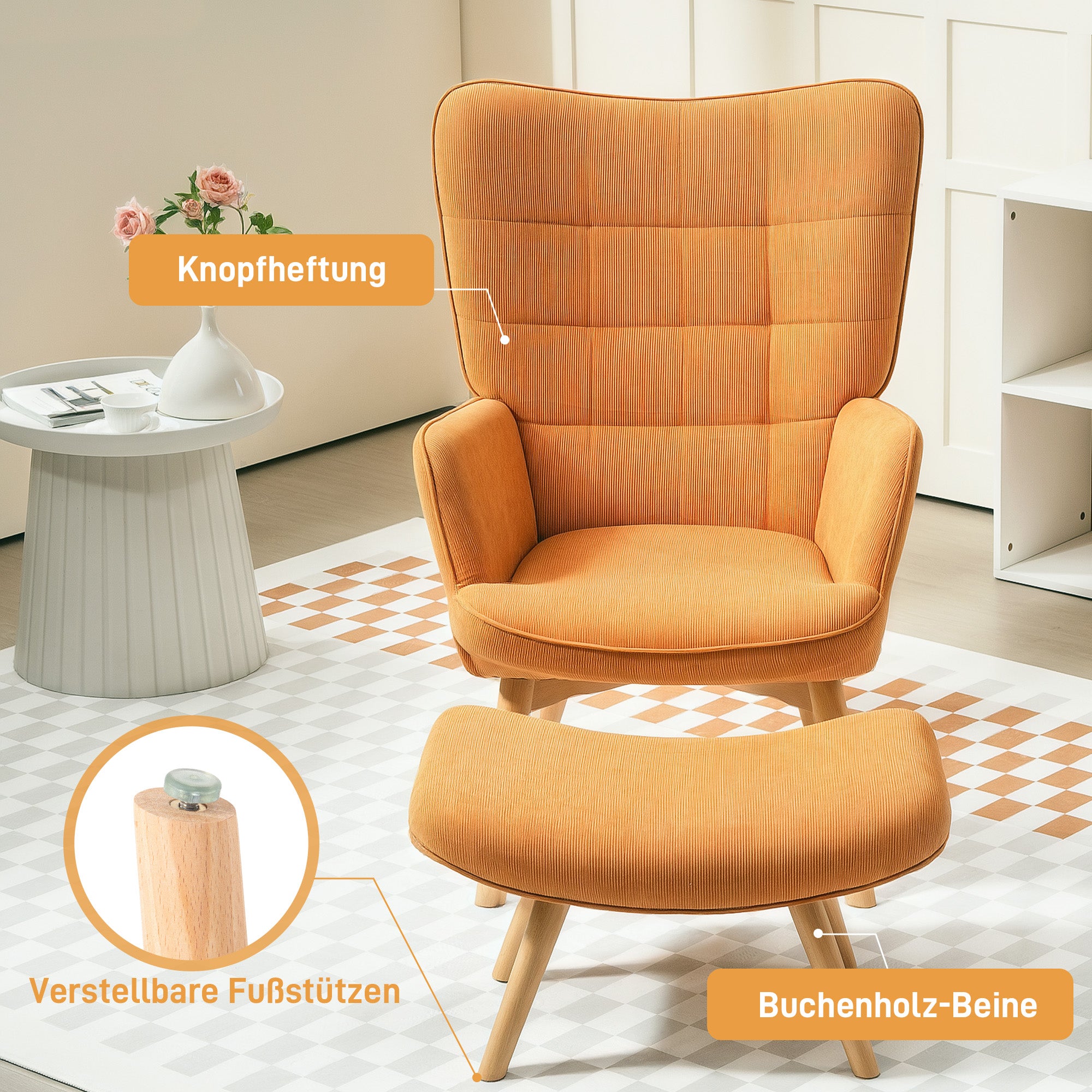 Armchair with Footstool, High Back Wingback Chair, Wooden Legs, Lounge Chair with Tufted Design, Corduroy Look, for Living Room, Brown