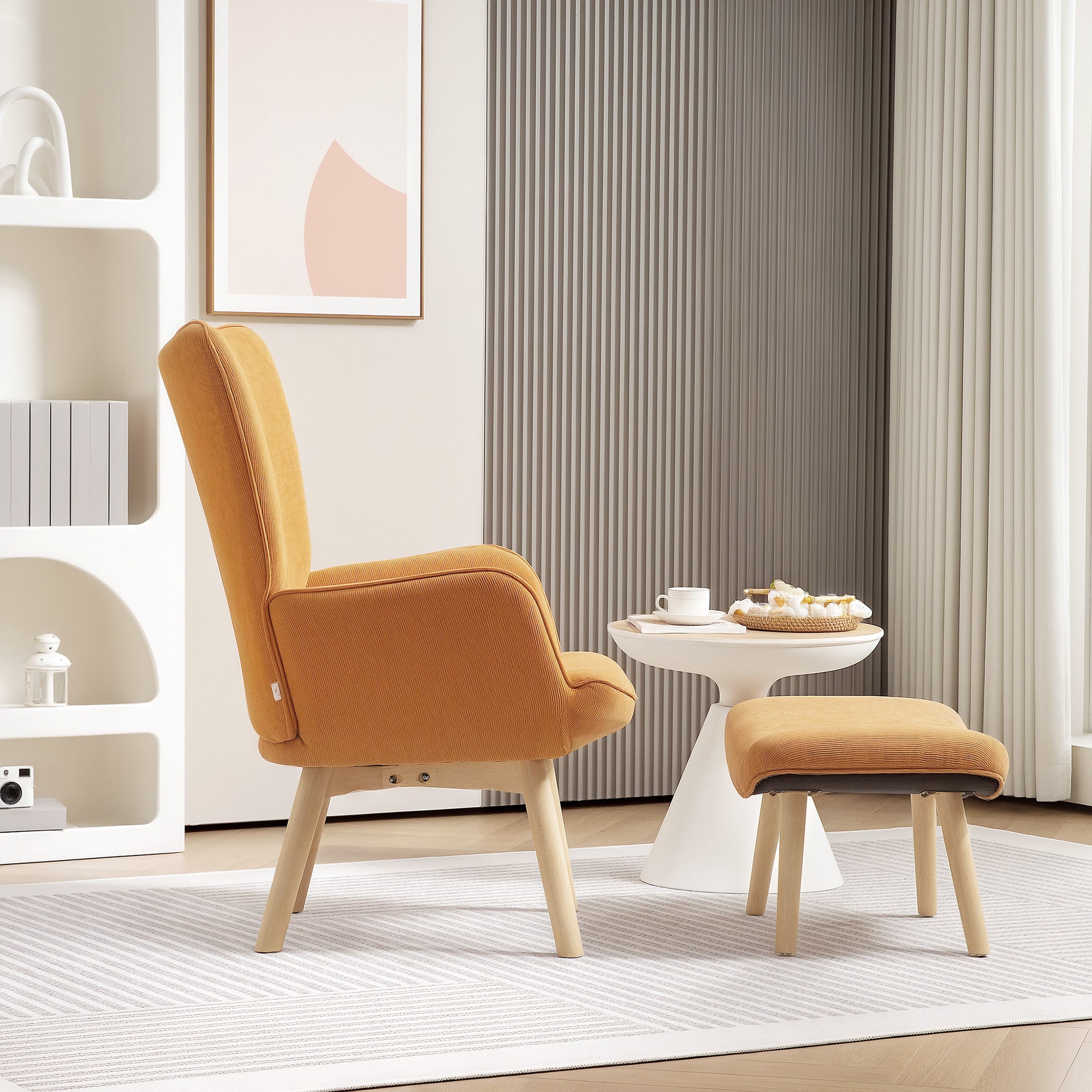 Armchair with Footstool, High Back Wingback Chair, Wooden Legs, Lounge Chair with Tufted Design, Corduroy Look, for Living Room, Brown