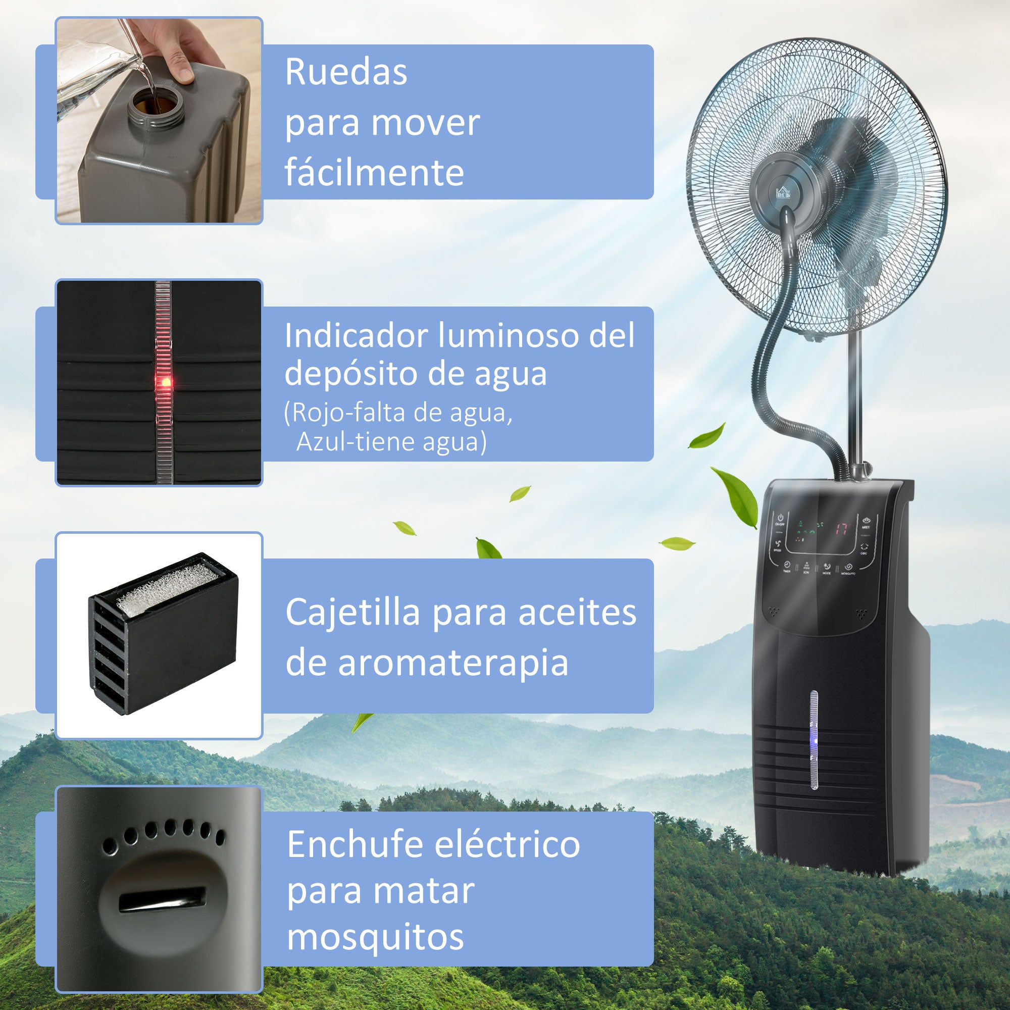 Oscillating Pedestal Fan with Misting 90W Negative Ions Remote Control 5 Blades 3.1 L Water Tank 3 Speeds Timer and Wheels 44.5x44.5x135 cm Black