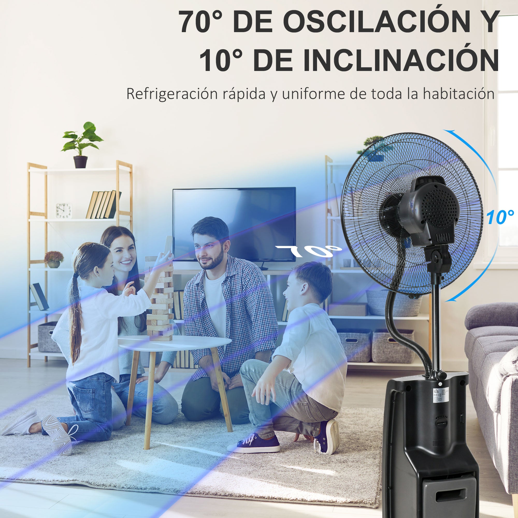 Oscillating Pedestal Fan with Misting 90W Negative Ions Remote Control 5 Blades 3.1 L Water Tank 3 Speeds Timer and Wheels 44.5x44.5x135 cm Black