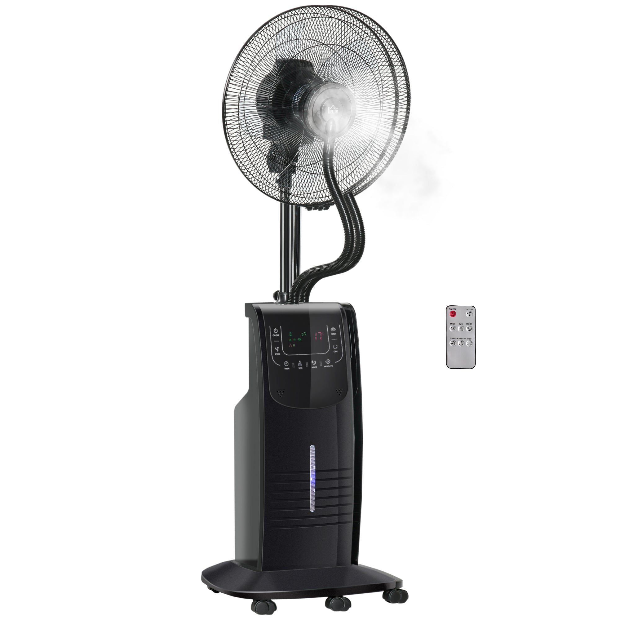 Oscillating Pedestal Fan with Misting 90W Negative Ions Remote Control 5 Blades 3.1 L Water Tank 3 Speeds Timer and Wheels 44.5x44.5x135 cm Black