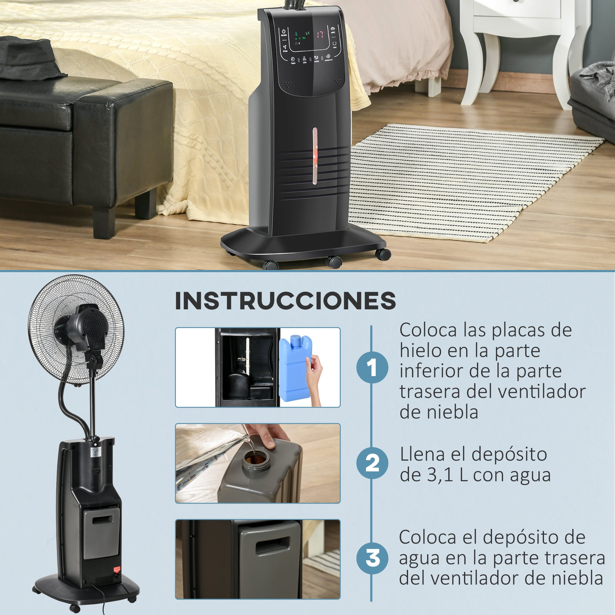 Oscillating Pedestal Fan with Misting 90W Negative Ions Remote Control 5 Blades 3.1 L Water Tank 3 Speeds Timer and Wheels 44.5x44.5x135 cm Black