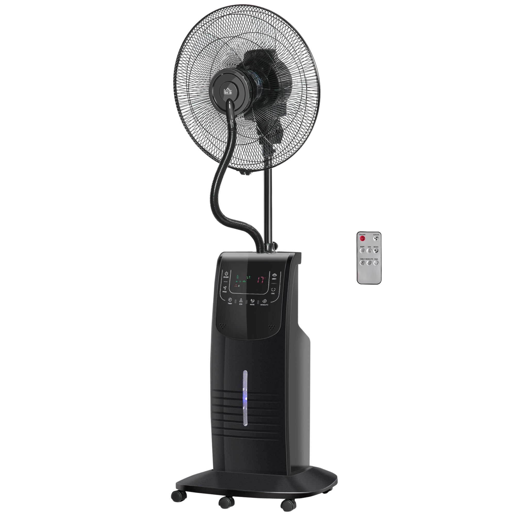 Oscillating Pedestal Fan with Misting 90W Negative Ions Remote Control 5 Blades 3.1 L Water Tank 3 Speeds Timer and Wheels 44.5x44.5x135 cm Black