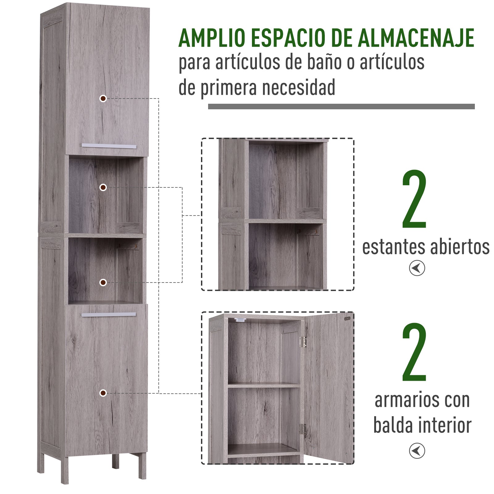 High Cabinet Auxiliary Furniture for Bathroom with Large Storage Space with Open and Closed Areas 30x32x172.5 cm