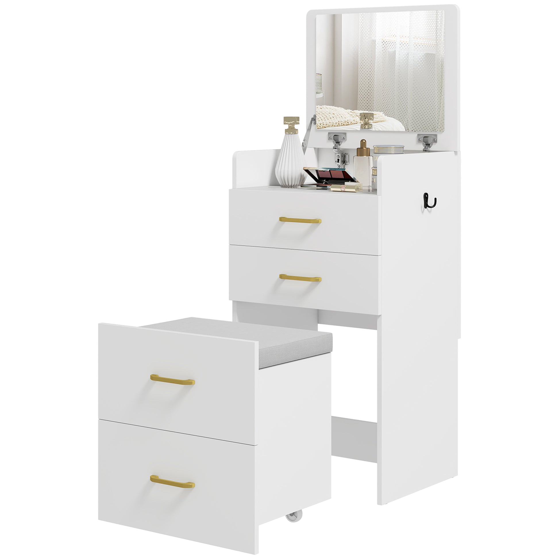 3-in-1 Makeup Dressing Table with Stool Makeup Table with Mirror Drawers and Visible Glass Tabletop Modern Dressing Table for Bedroom 48x40x90 cm White