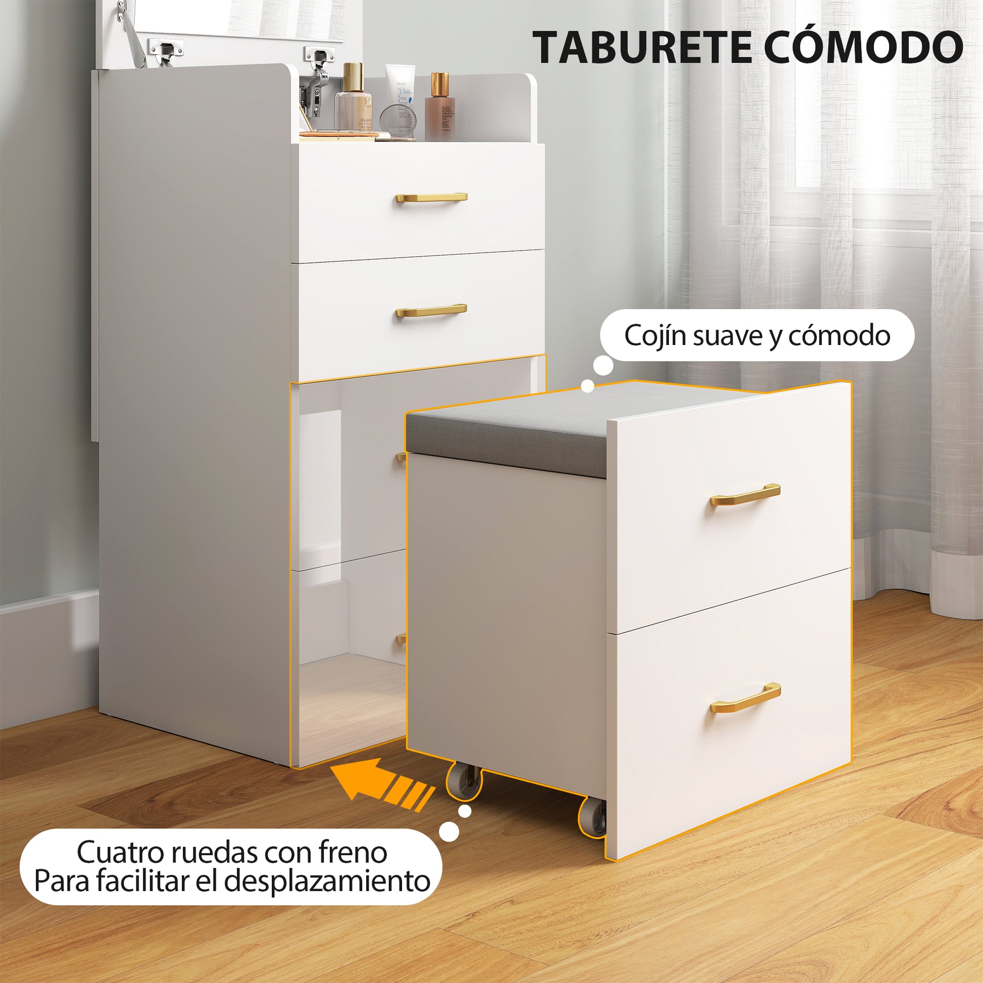 3-in-1 Makeup Dressing Table with Stool Makeup Table with Mirror Drawers and Visible Glass Tabletop Modern Dressing Table for Bedroom 48x40x90 cm White