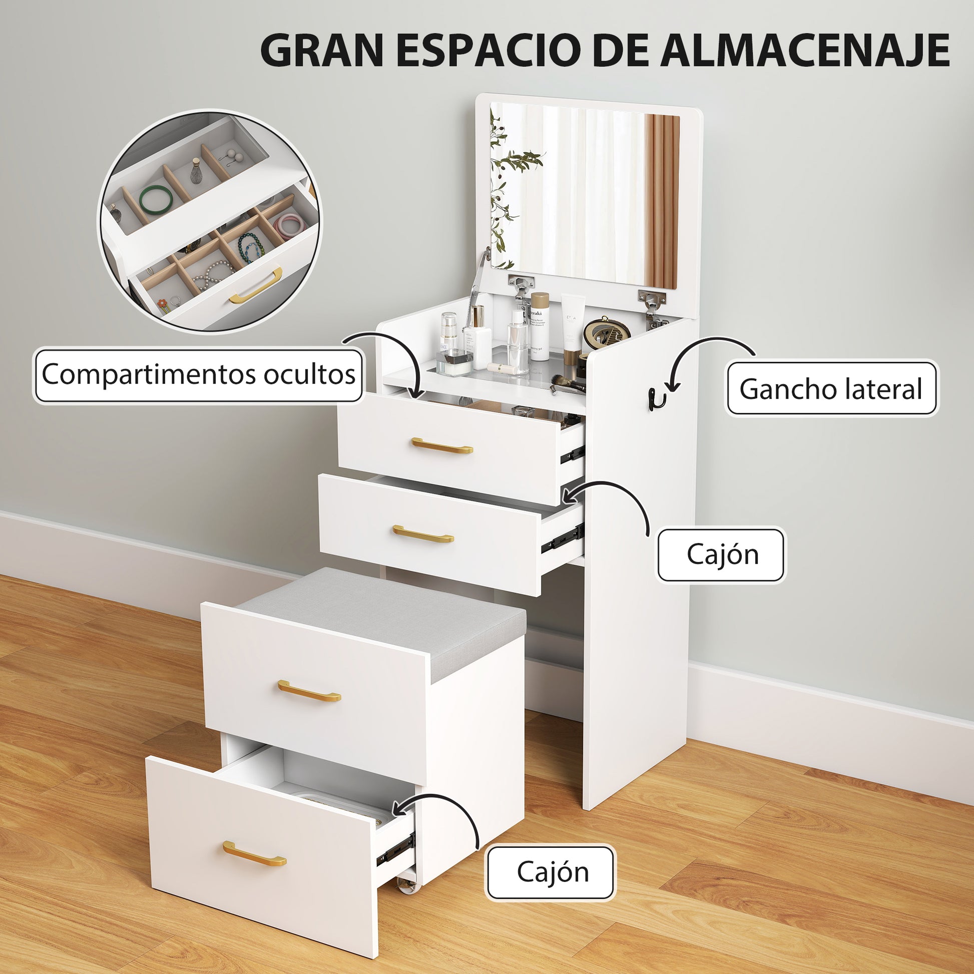3-in-1 Makeup Dressing Table with Stool Makeup Table with Mirror Drawers and Visible Glass Tabletop Modern Dressing Table for Bedroom 48x40x90 cm White