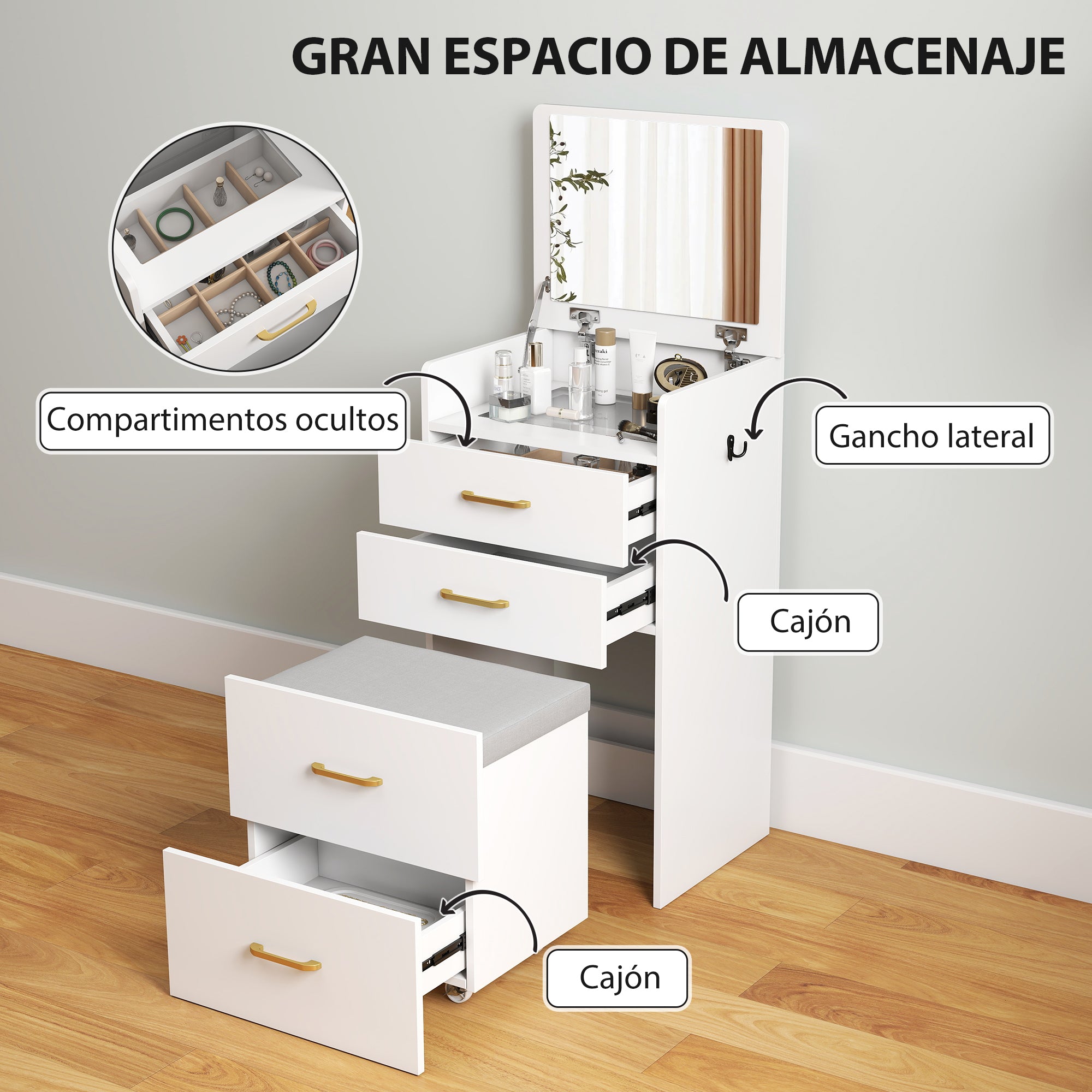 3-in-1 Makeup Dressing Table with Stool Makeup Table with Mirror Drawers and Visible Glass Tabletop Modern Dressing Table for Bedroom 48x40x90 cm White