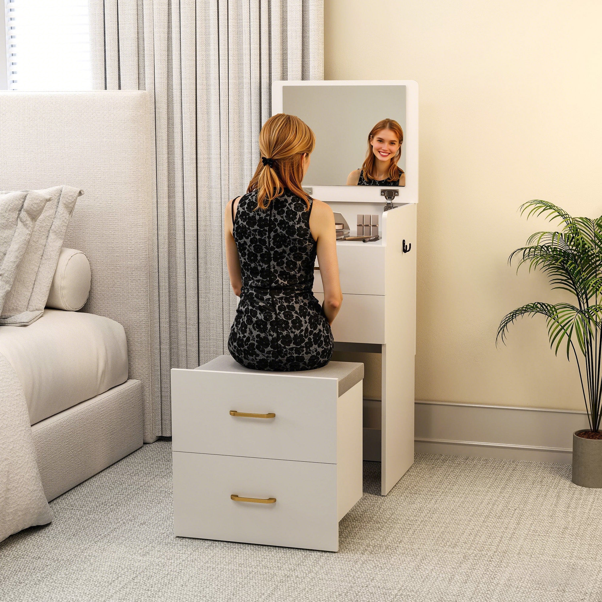3-in-1 Makeup Dressing Table with Stool Makeup Table with Mirror Drawers and Visible Glass Tabletop Modern Dressing Table for Bedroom 48x40x90 cm White